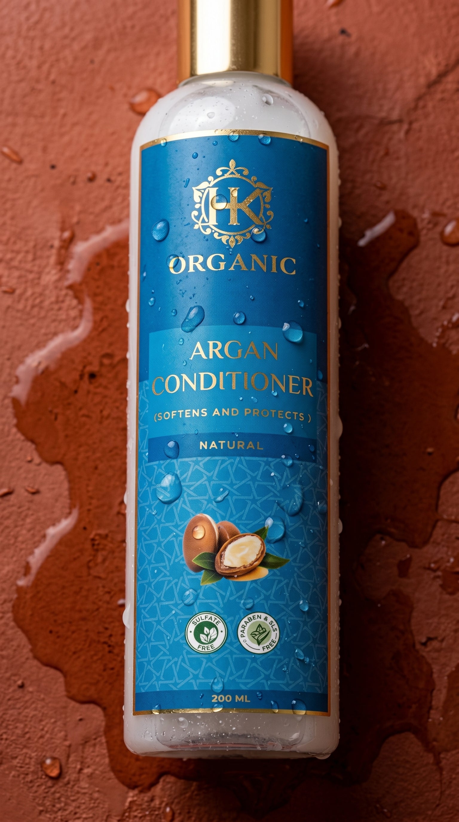 Bottle of organic argan conditioner with blue label on a textured brown background