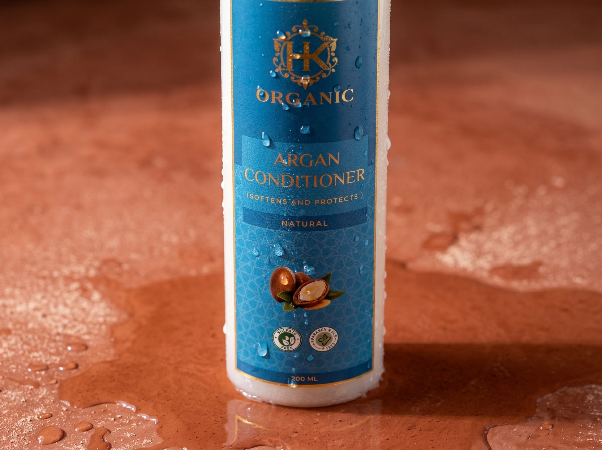 Bottle of organic argan conditioner with blue label on a brown textured background