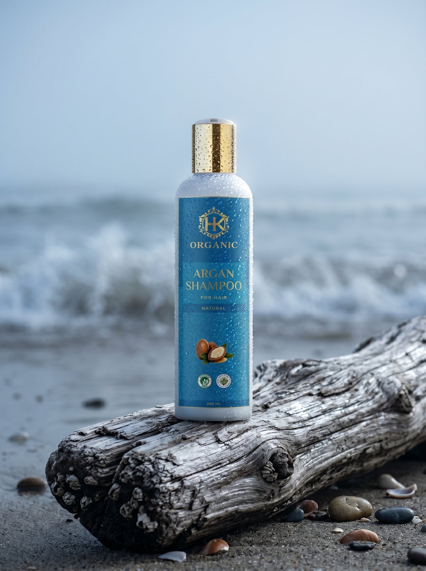 Bottle of organic Argan shampoo on a piece of driftwood by the ocean.