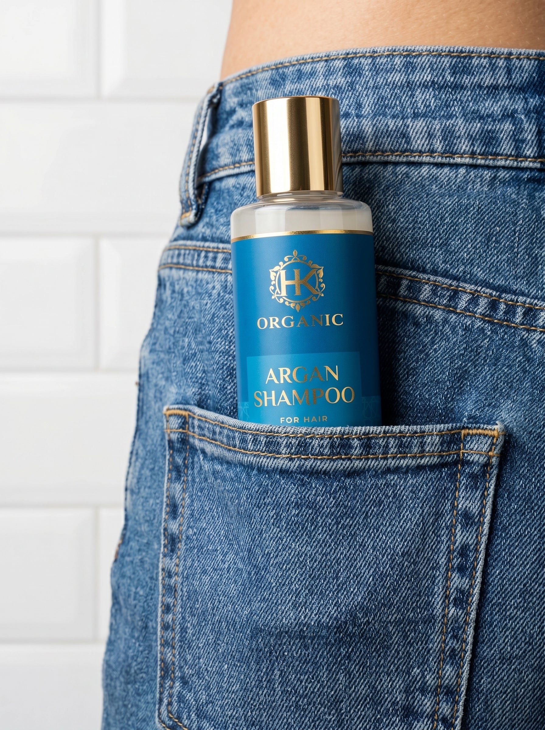 Bottle of Organic Argan Shampoo in a pocket with denim jeans