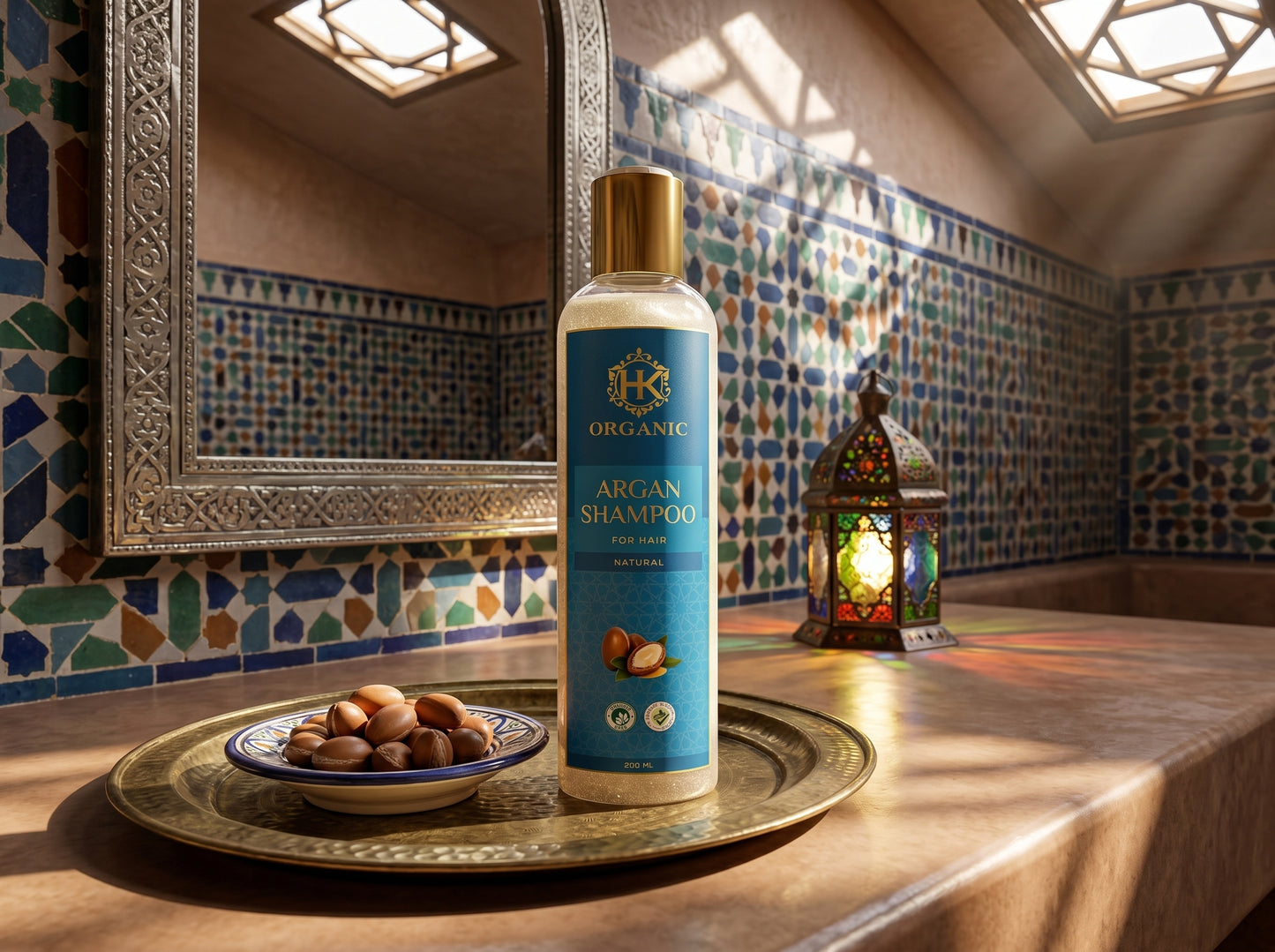 Argan shampoo bottle on a tray with decorative tiles and lantern in the background