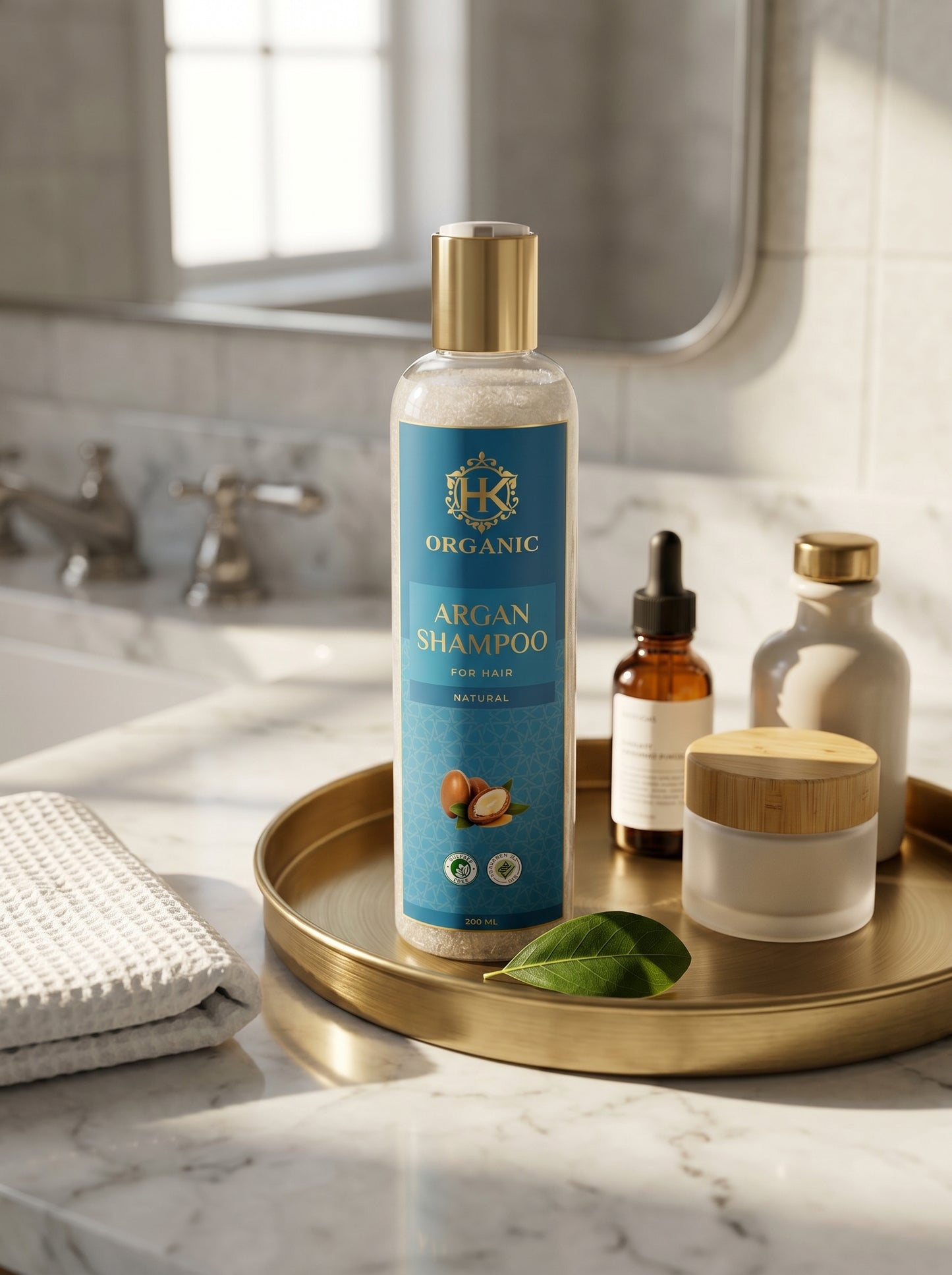 Bottle of Organic Argan Shampoo on a marble countertop with other skincare products.