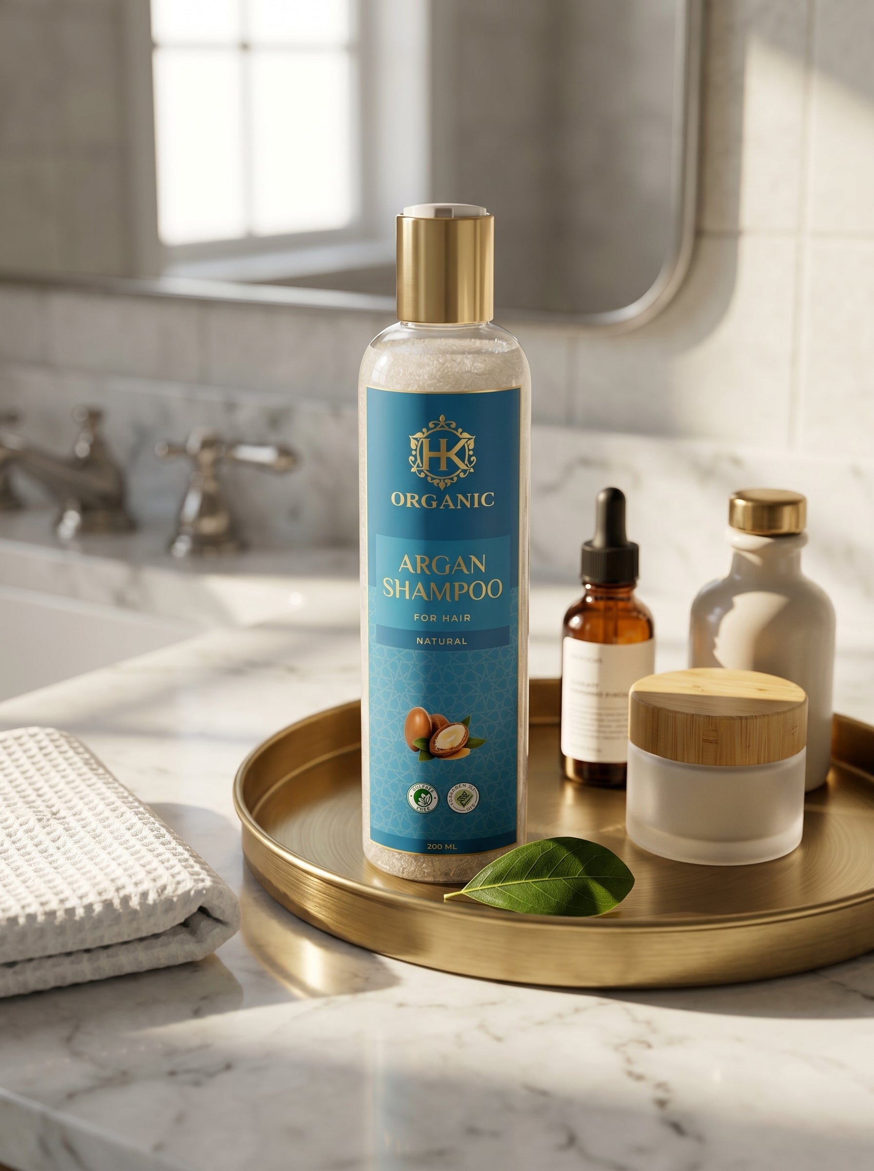 Bottle of Organic Argan Shampoo on a marble countertop with other skincare products.