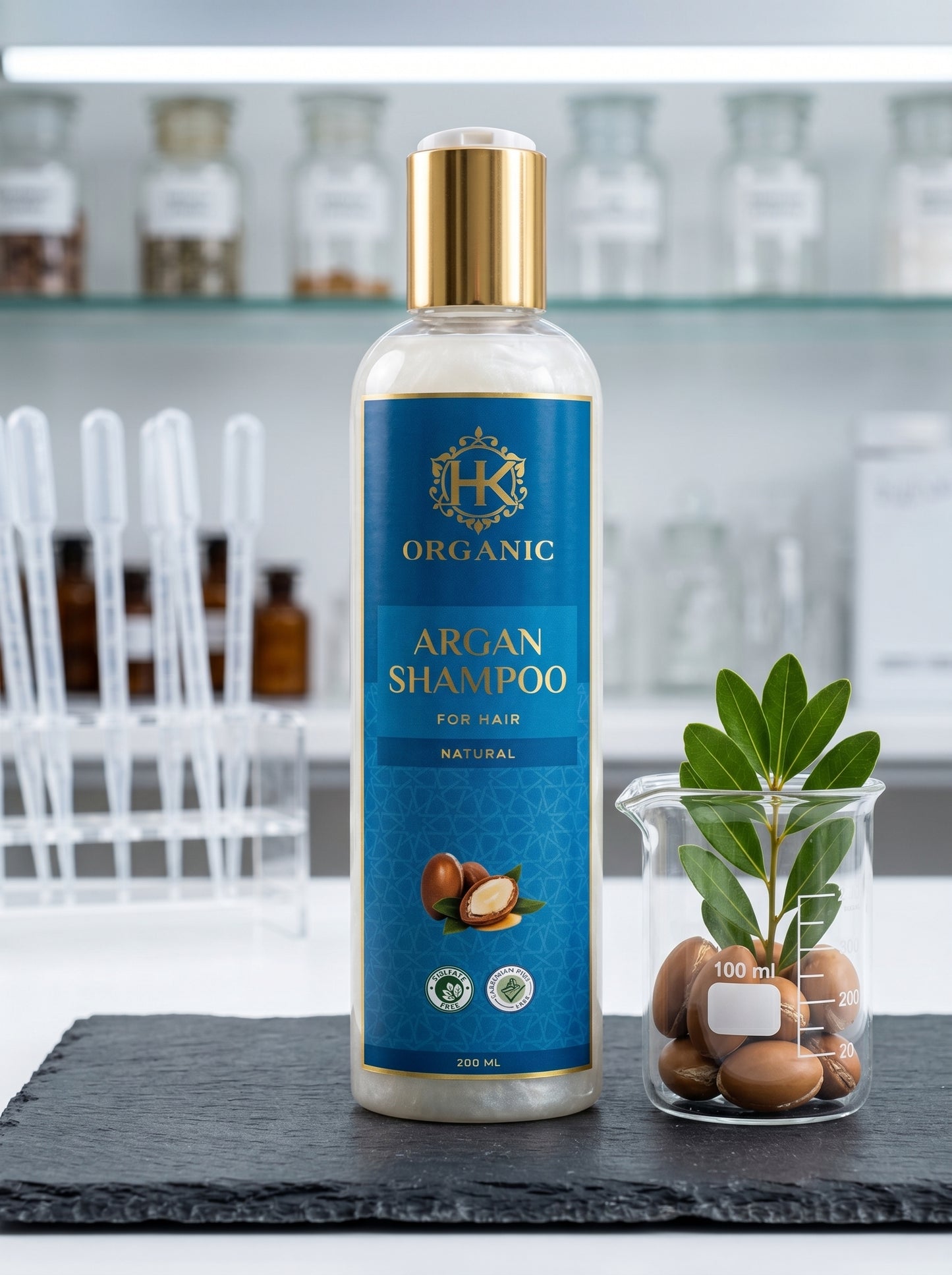 Organic Argan Shampoo bottle with blue label on a table with a blurred background