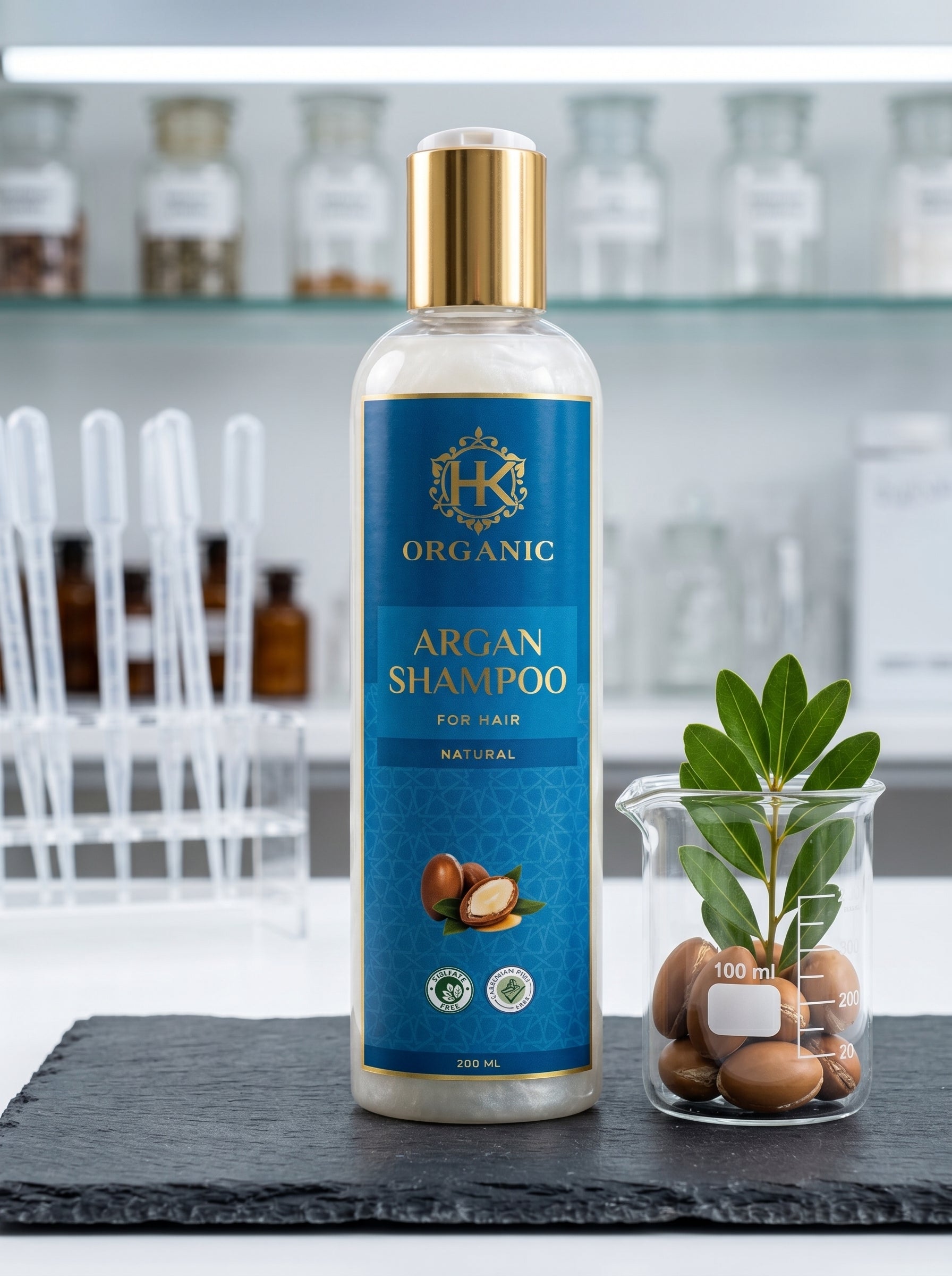 Organic Argan Shampoo bottle with blue label on a table with a blurred background