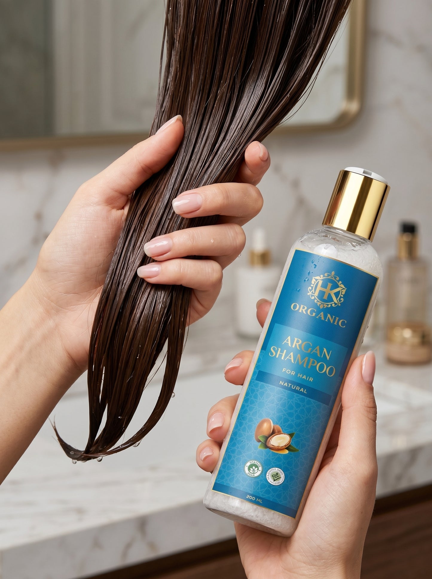 Person holding long hair with a bottle of Organic Argan Shampoo on a bathroom counter.