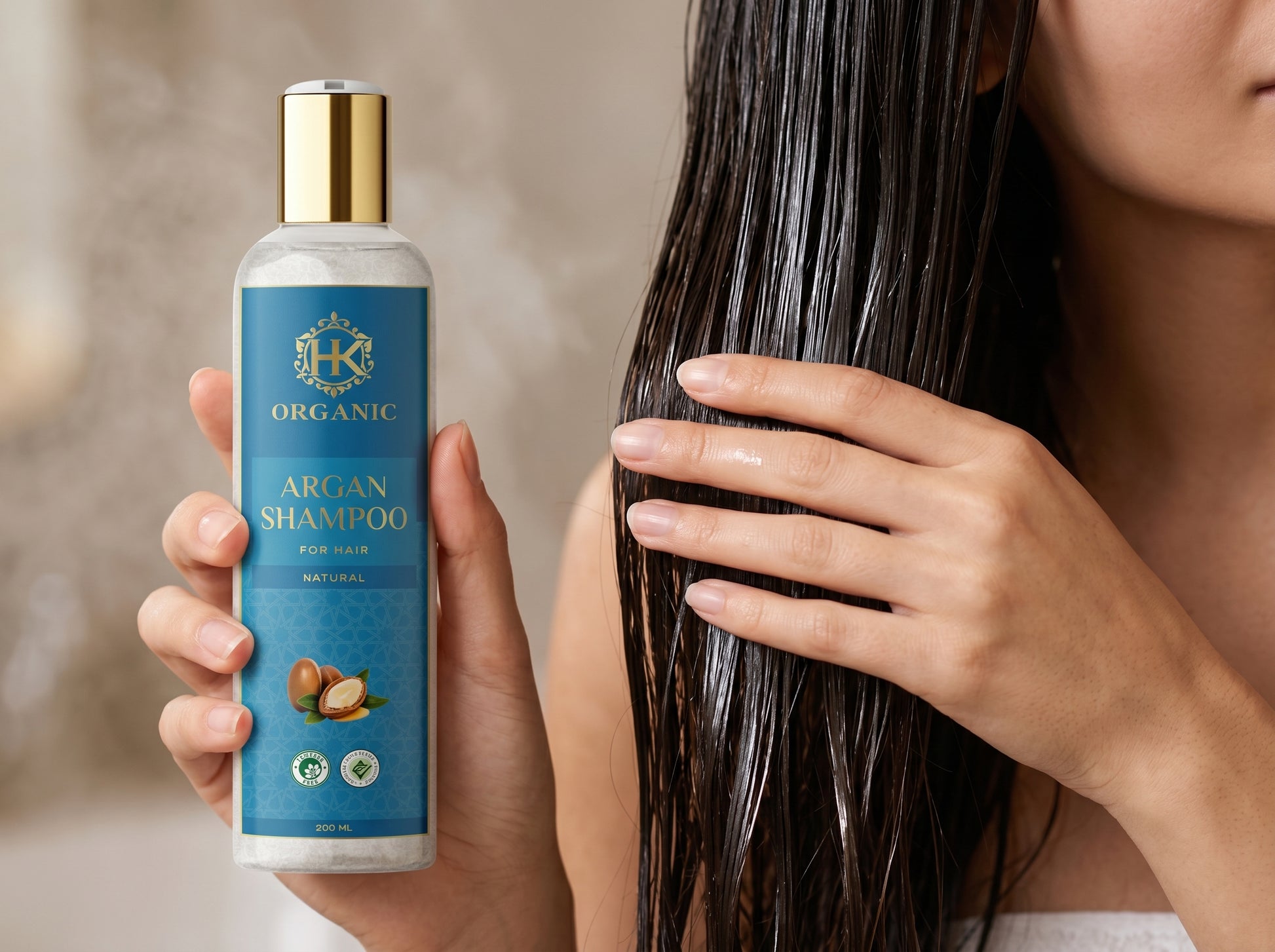 Person holding a bottle of argan shampoo with visible branding