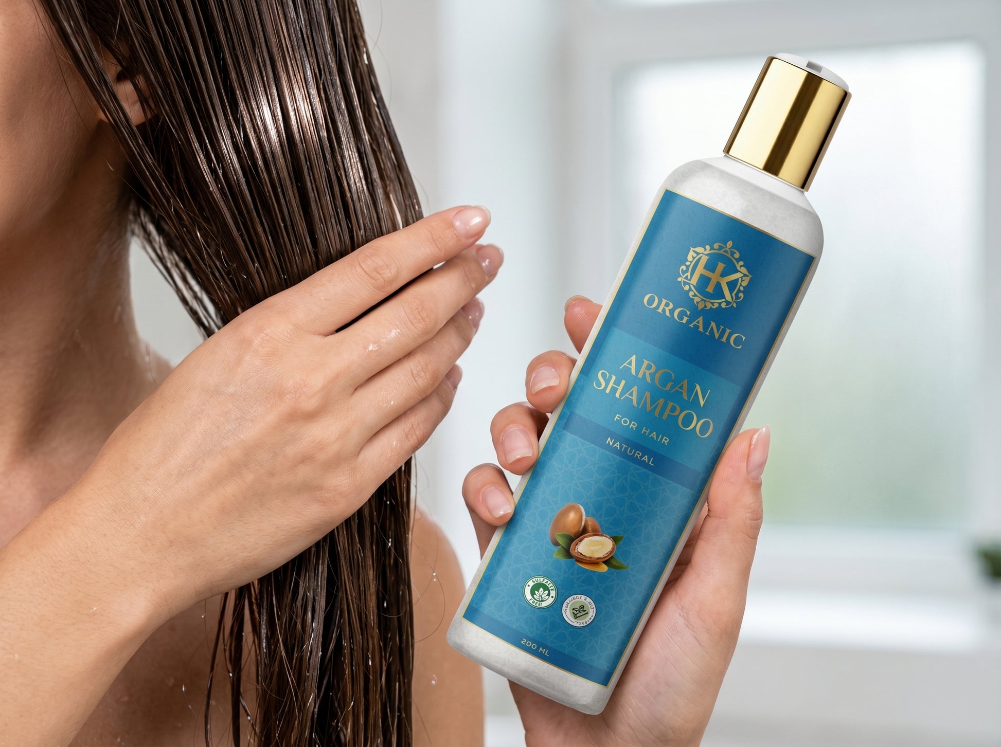 Person holding a bottle of organic argan shampoo with visible branding.