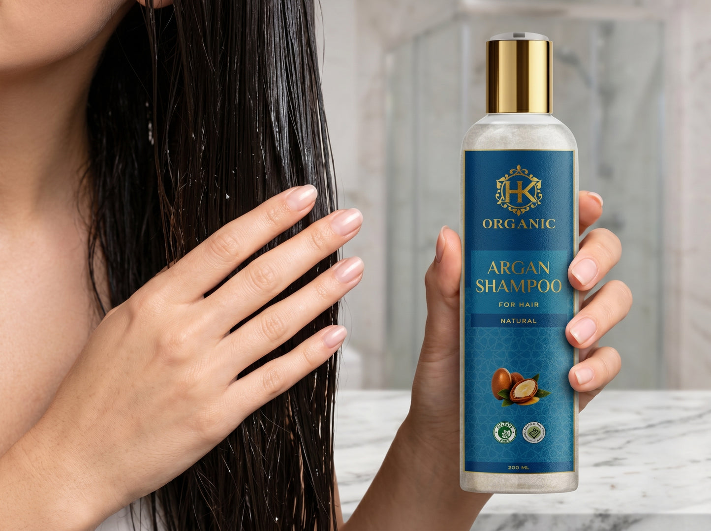 Person holding a bottle of Organic Argan Shampoo with a blurred background