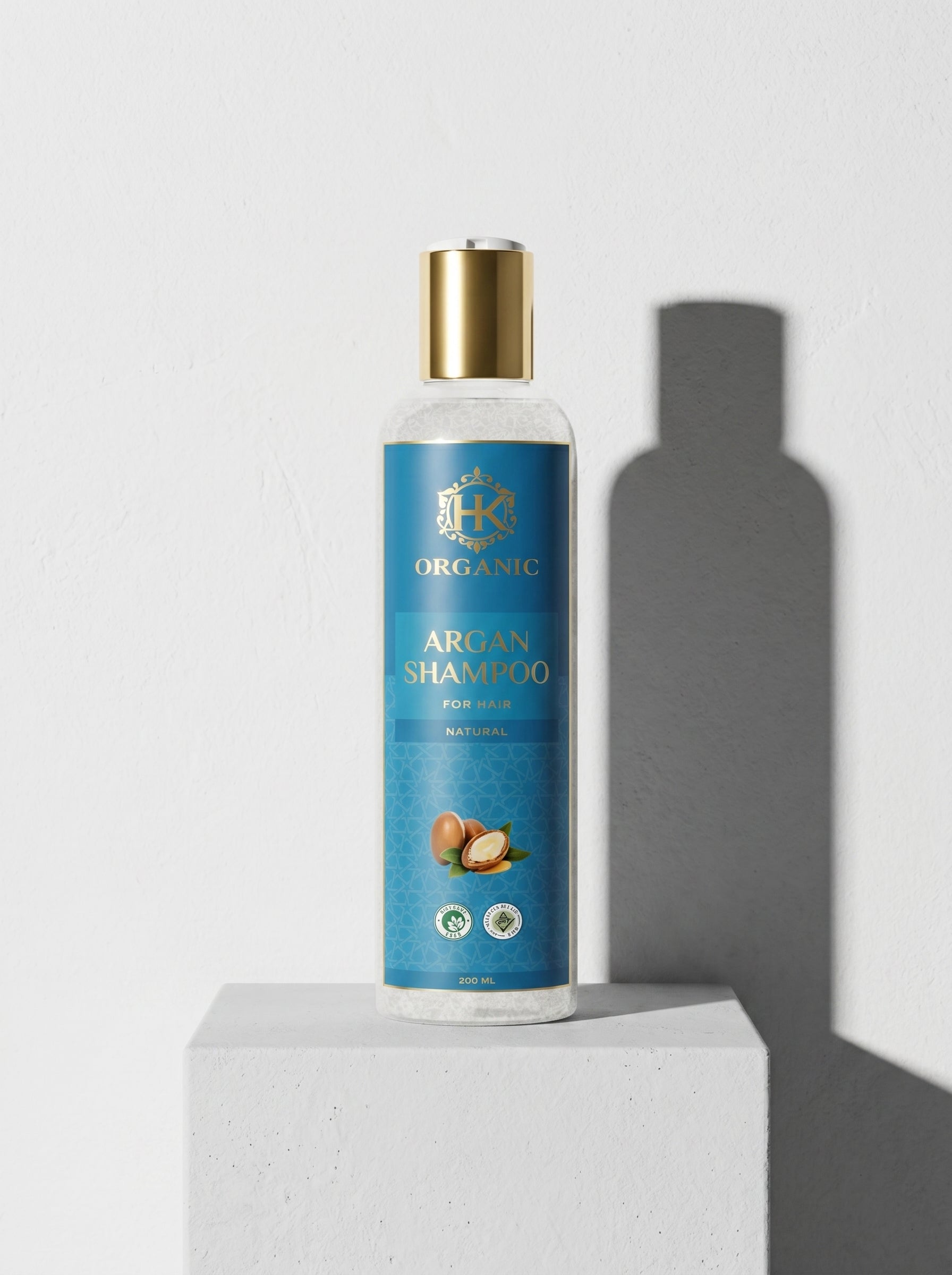 Shampoo bottle with blue label on a white background