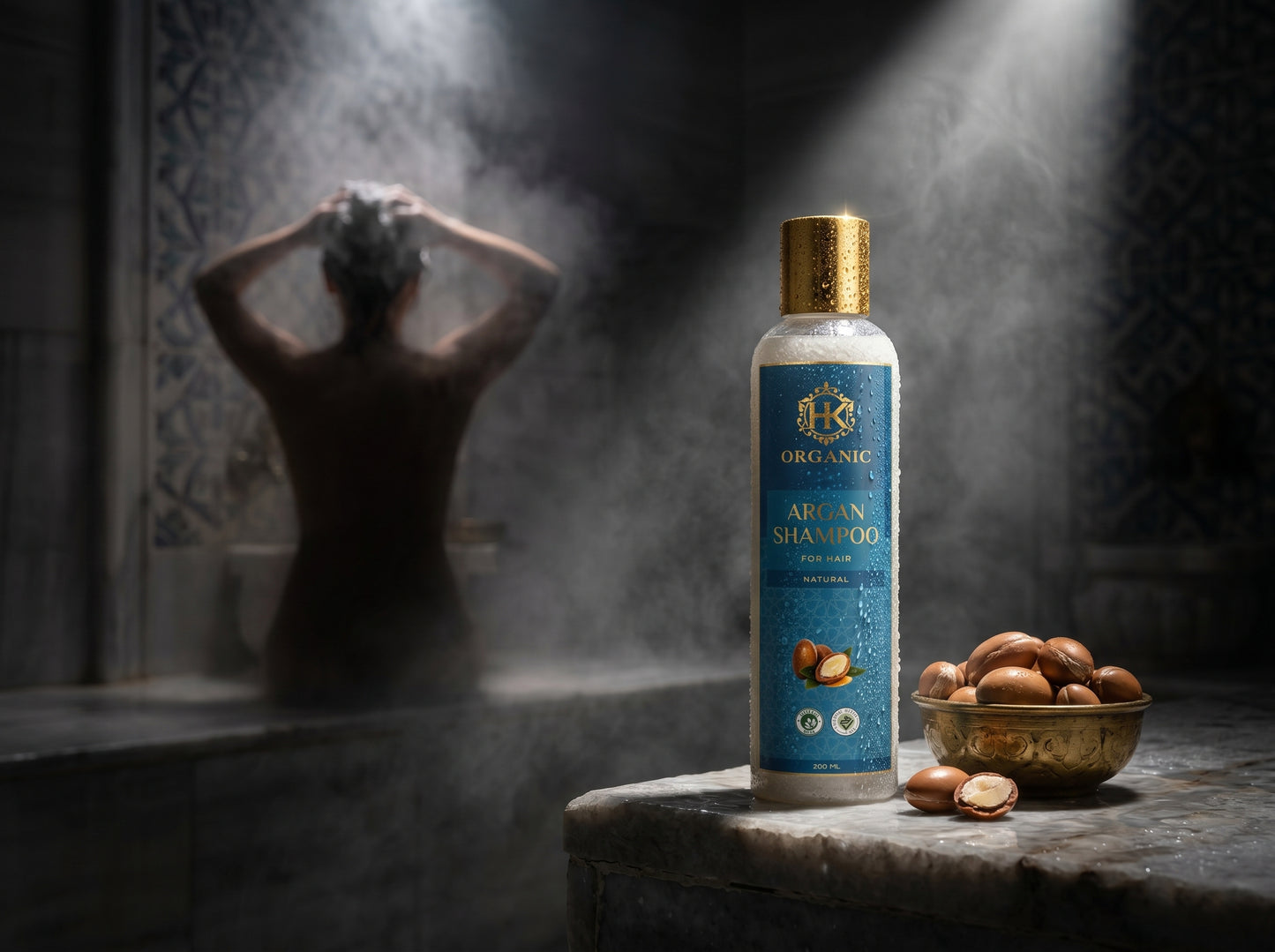 Shampoo bottle with almond nuts on a dark background