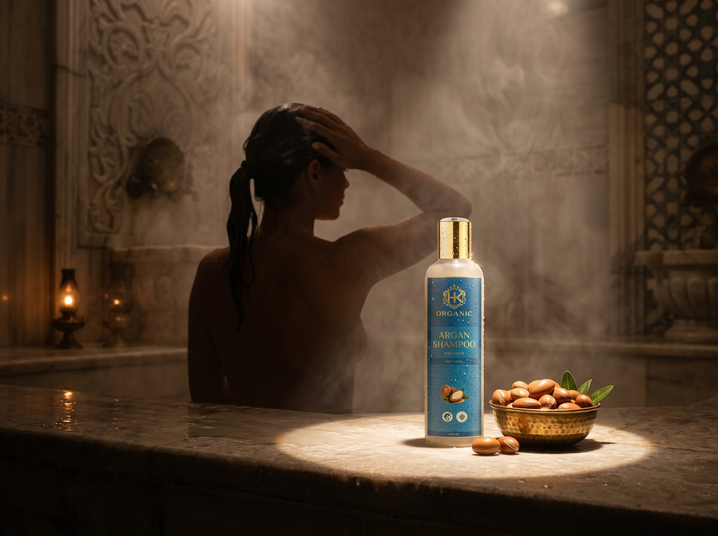 Woman in a steamy bathroom with a bottle of organic shampoo and nuts on a counter.