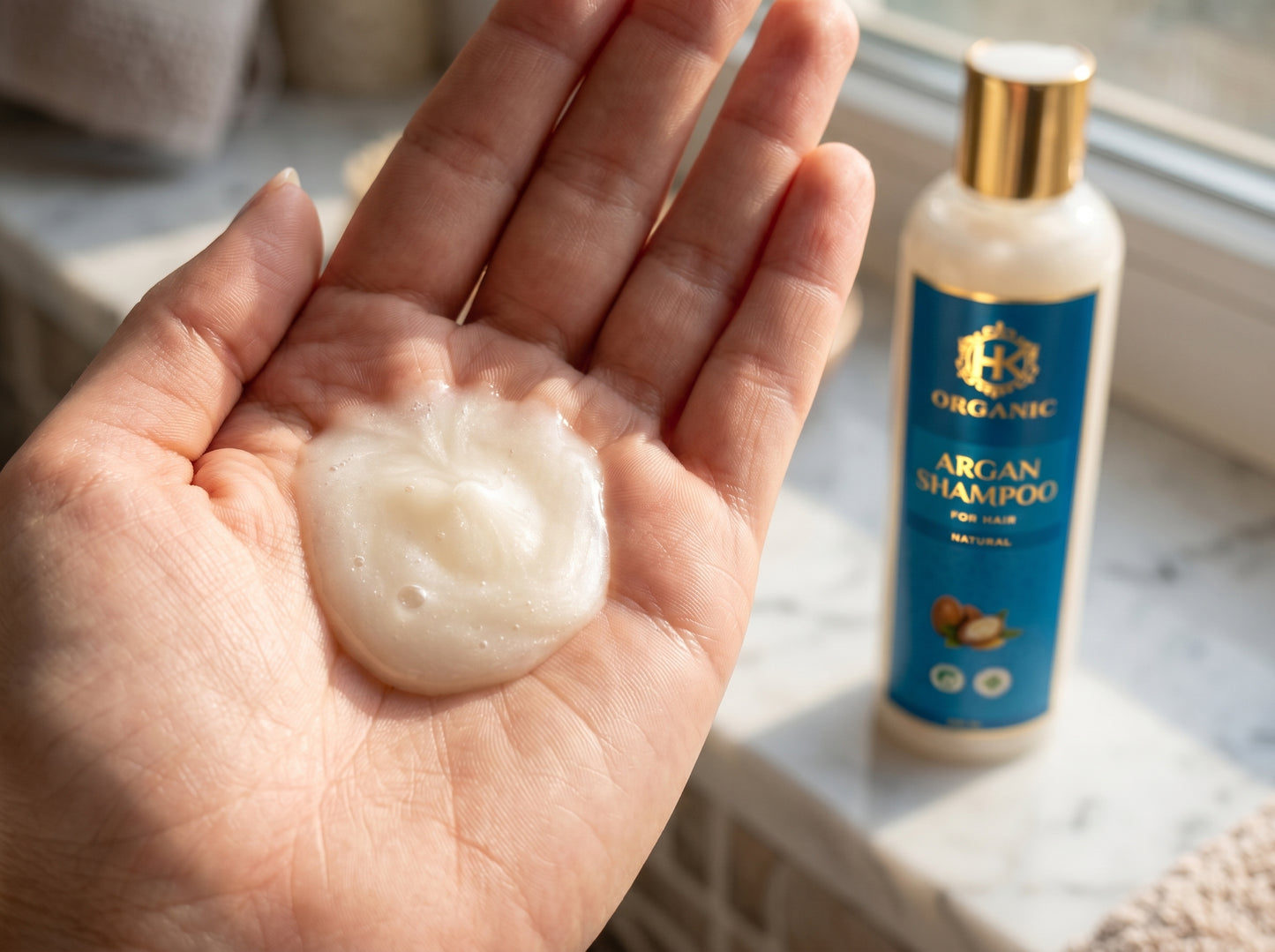Hand holding a lathered bar of soap with a bottle of organic argan shampoo in the background.