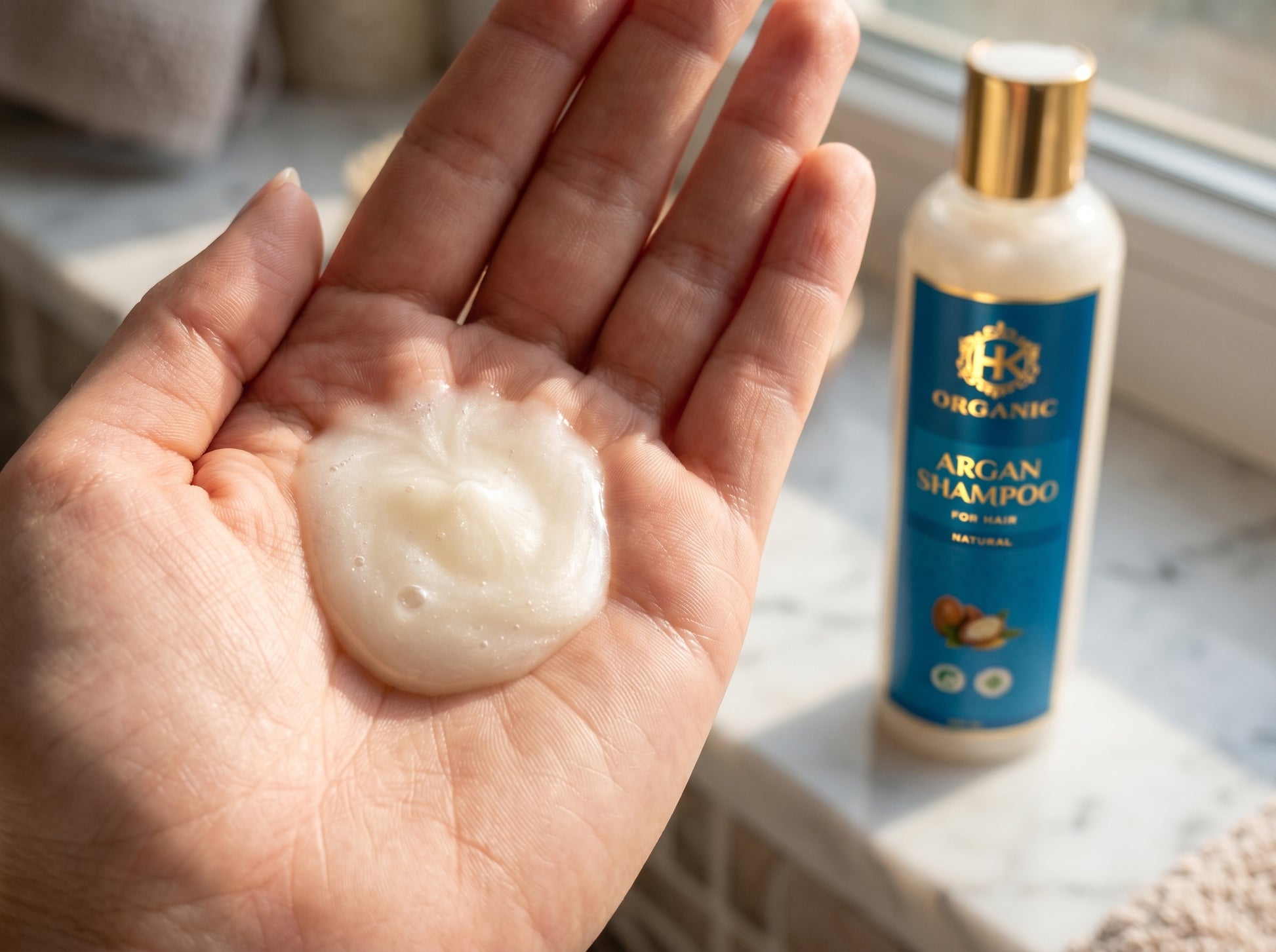 Hand holding a lathered bar of soap with a bottle of organic argan shampoo in the background.