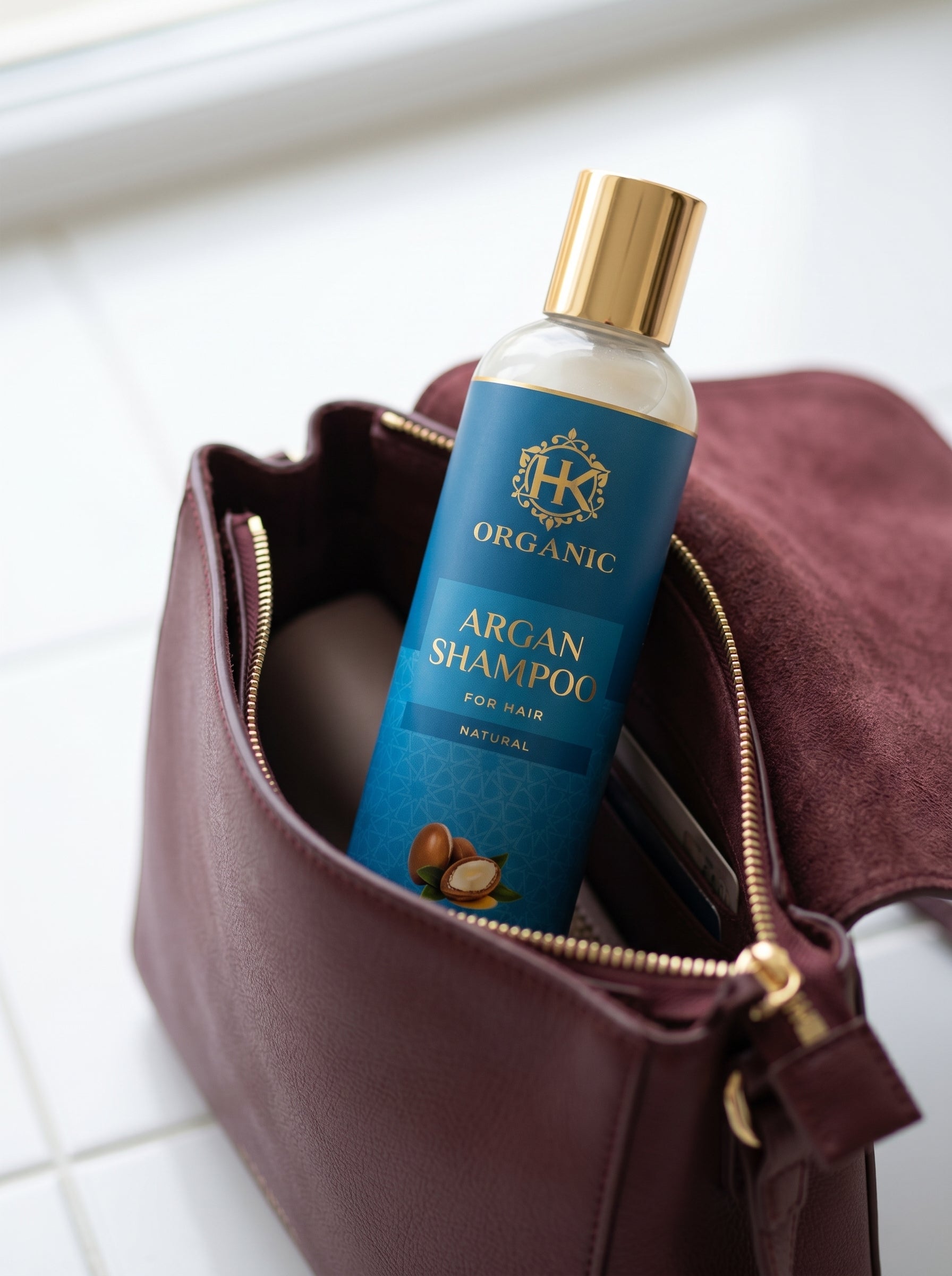Bottle of Organic Argan Shampoo in a maroon bag on a white background