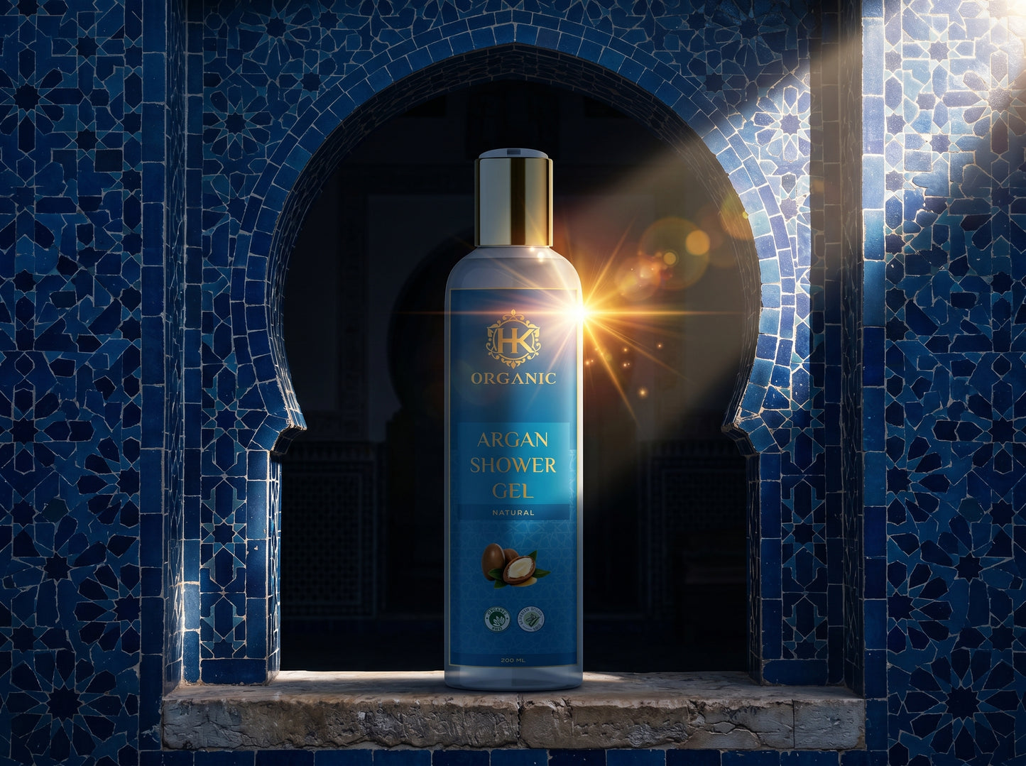 Bottle of Argan Shower Gel on a decorative blue tiled background