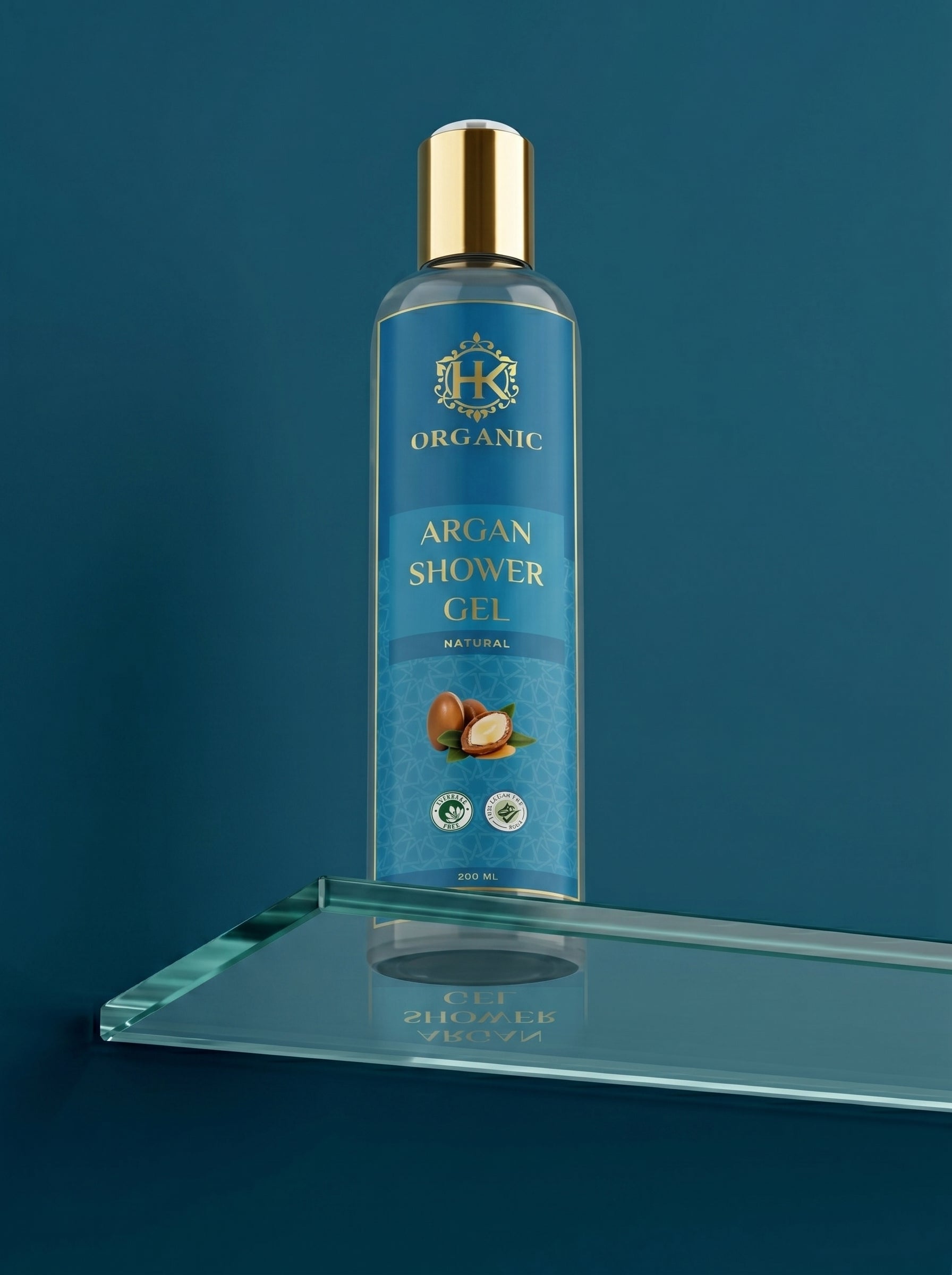 Bottle of Organic Argan Shower Gel on a clear stand with a blue background