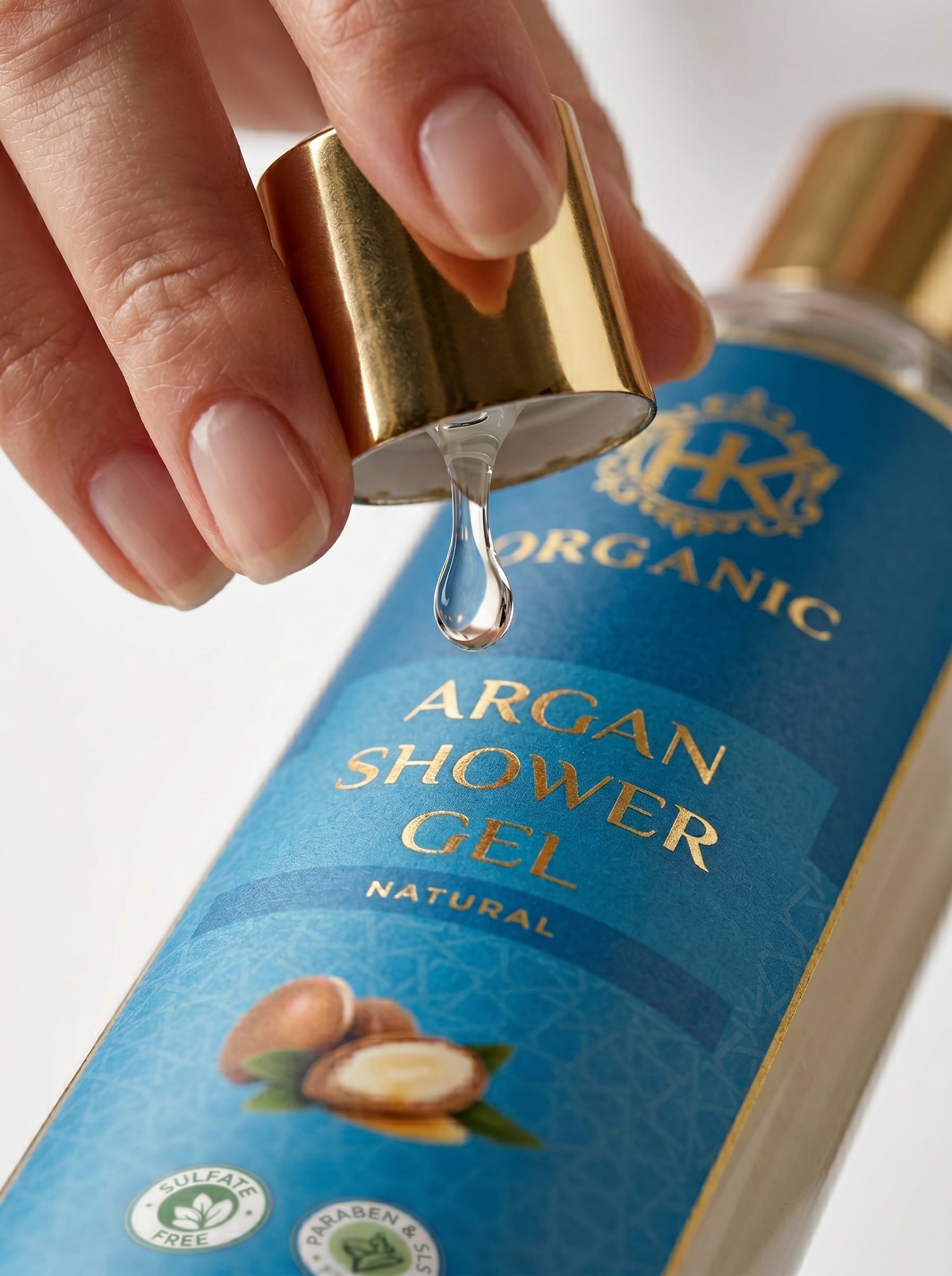 Person squeezing argan shower gel with a focus on the brand 'HK Organic'.