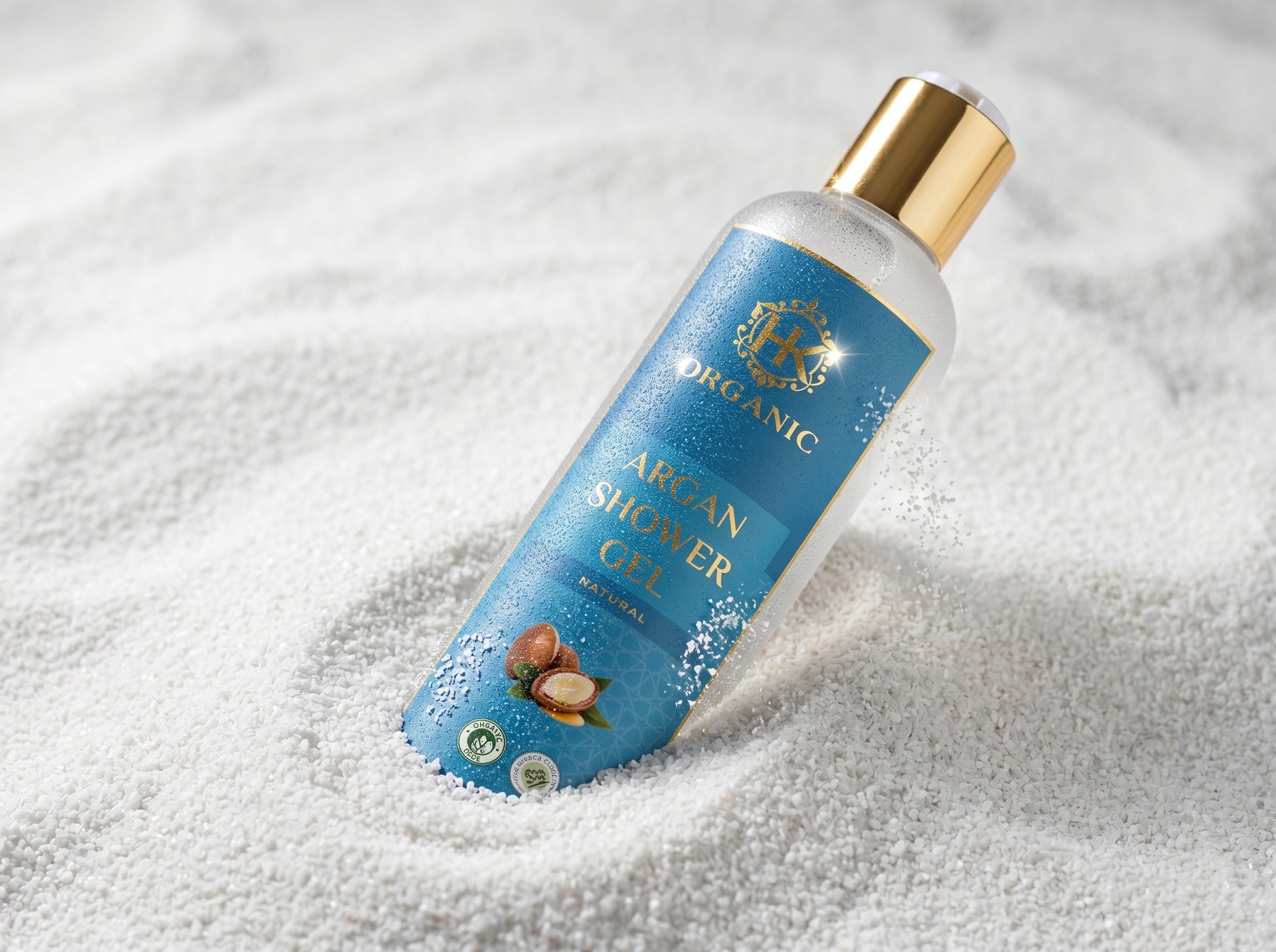 Bottle of organic argan shower gel on a textured white surface