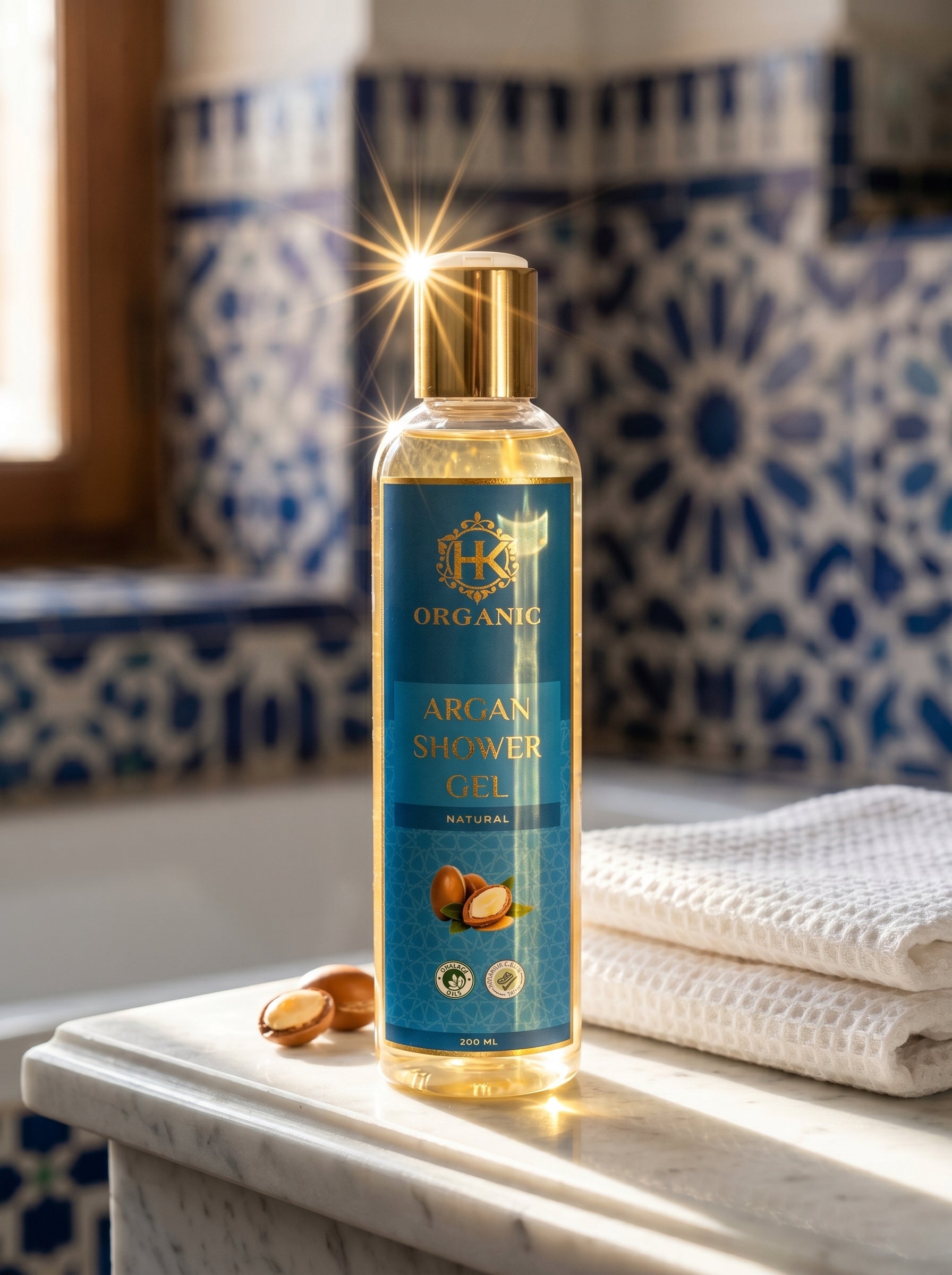 Bottle of Arcan Shower Gel on a marble surface with a decorative blue and white tile background.