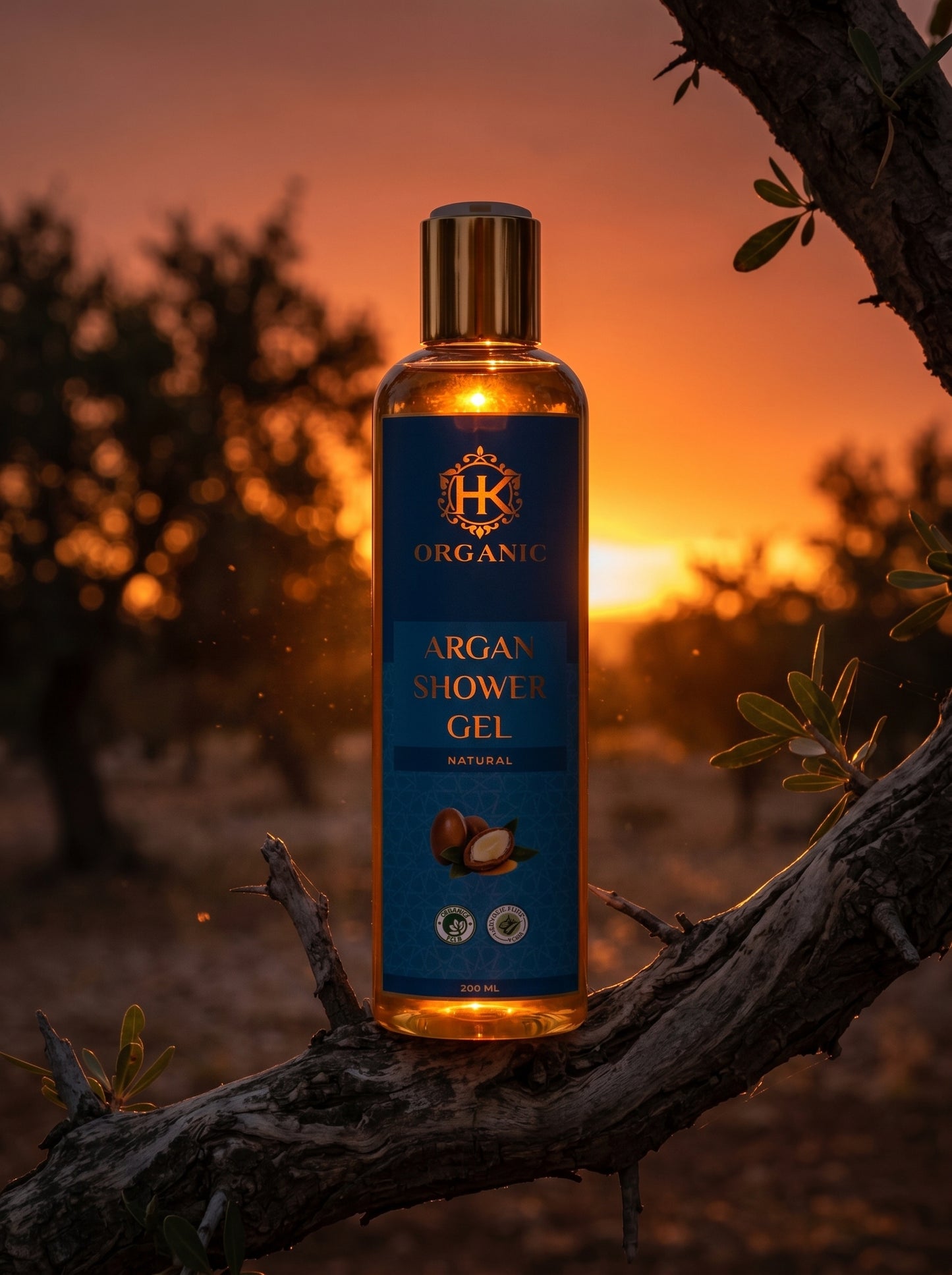 Bottle of argan shower gel with a sunset background