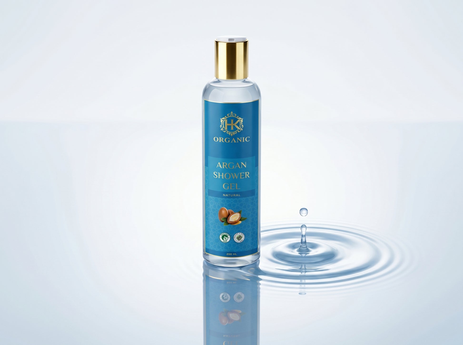 Bottle of Organic Argan Shower Gel with water droplet effect on a light gray background