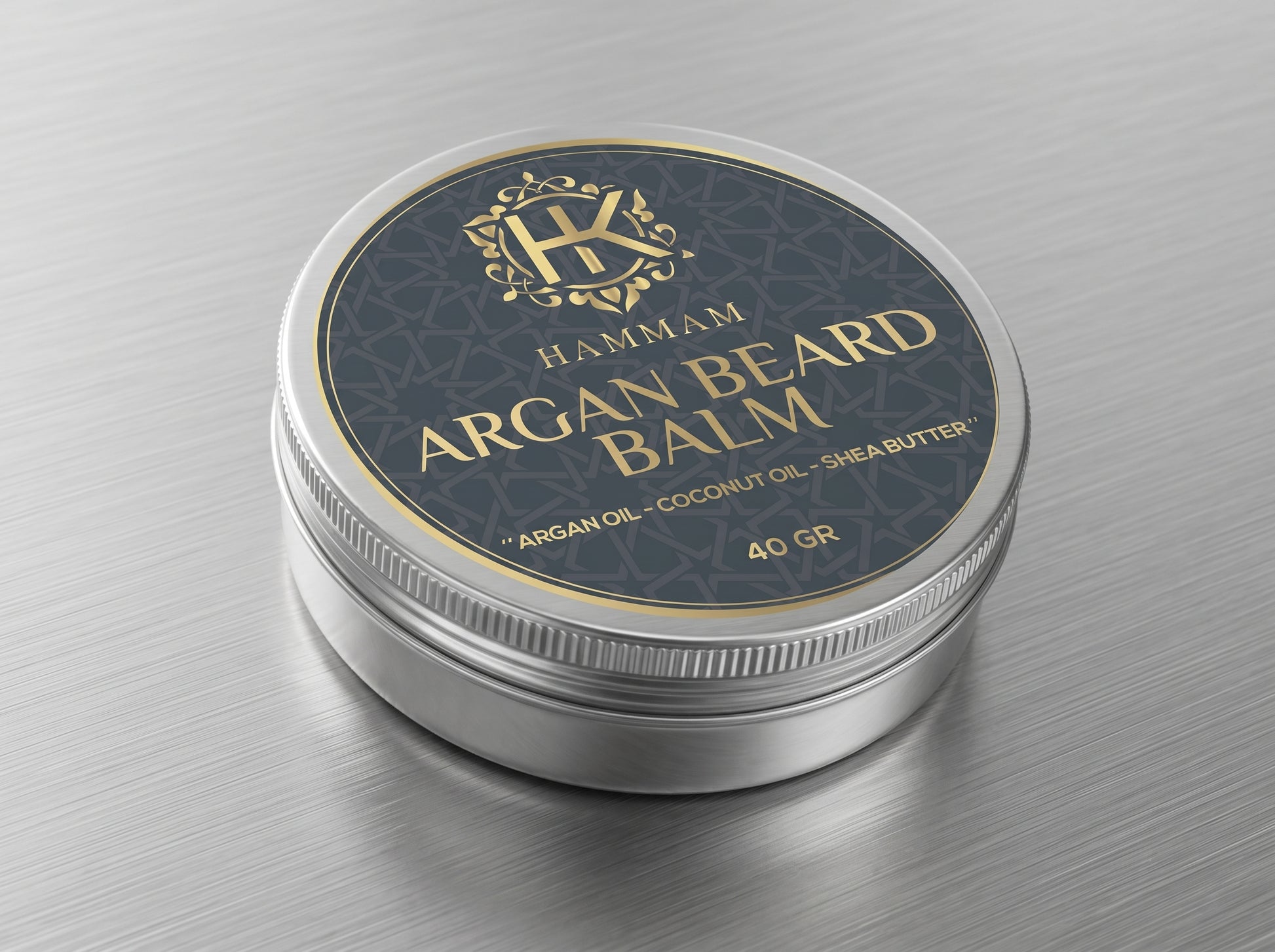 Hammam Argan Beard Balm container on a reflective surface