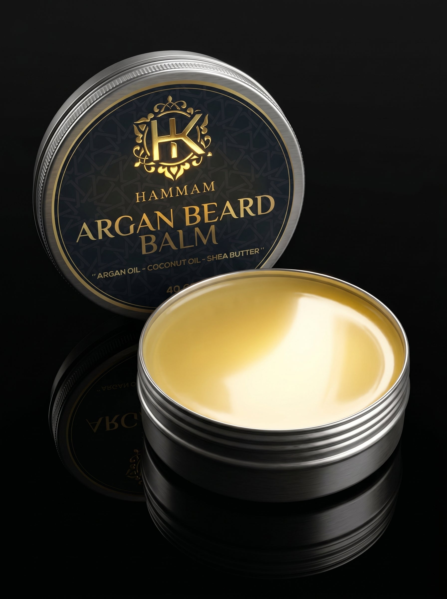Hammam Argan Beard Balm container with lid open on a black background