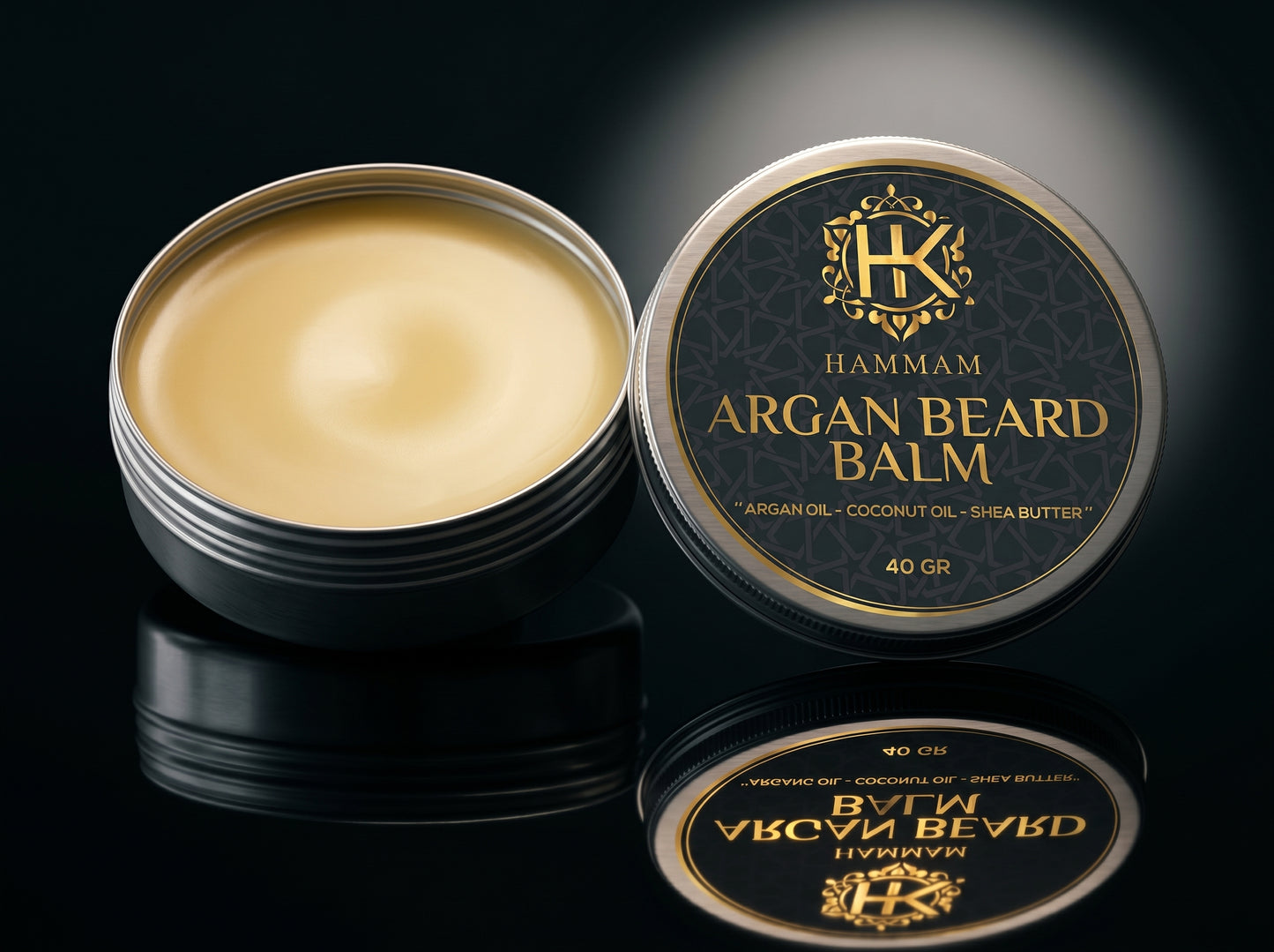 Hammam Argan Beard Balm container with balm inside on a black background
