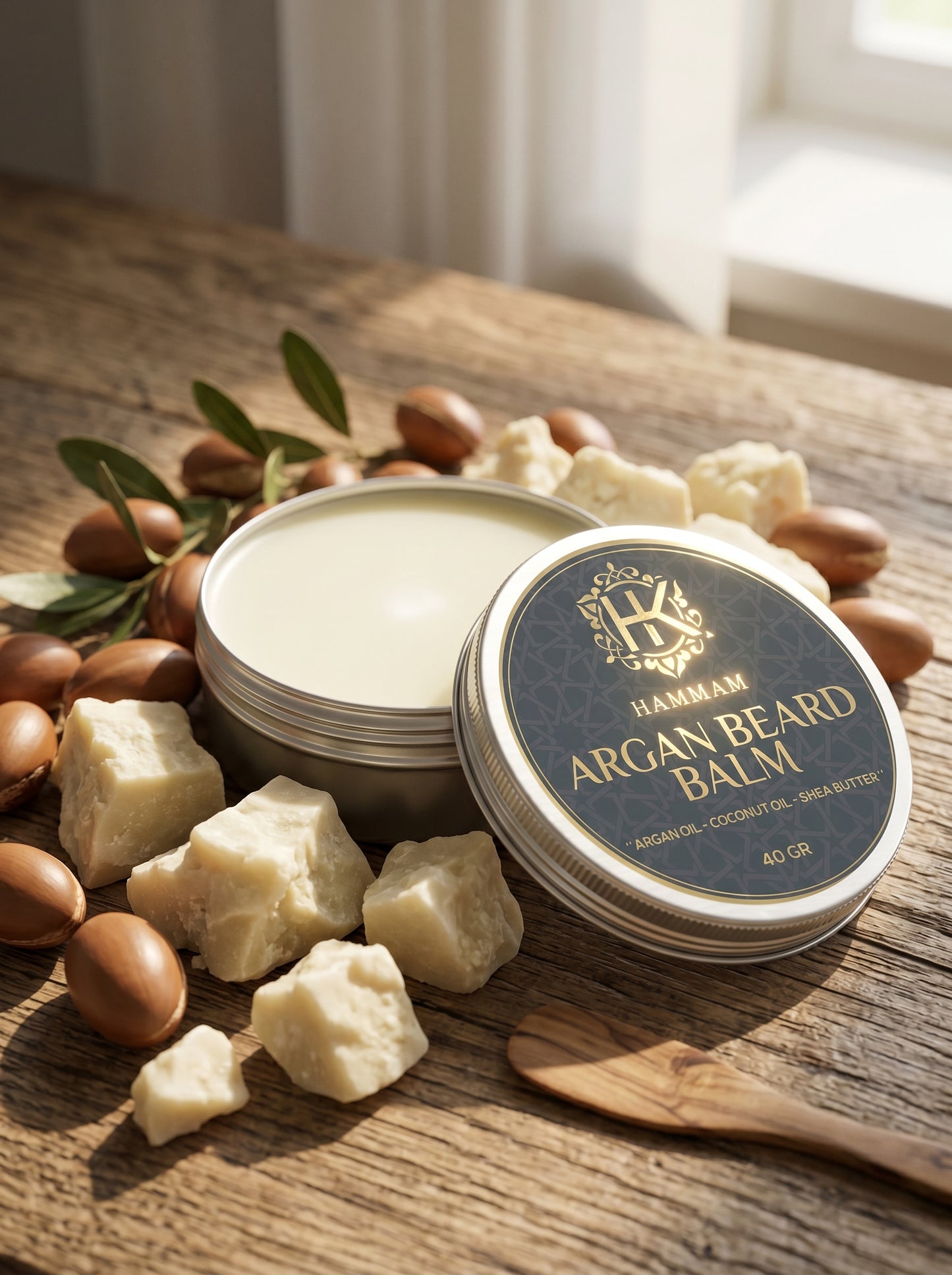 Argan beard balm with ingredients on a wooden surface