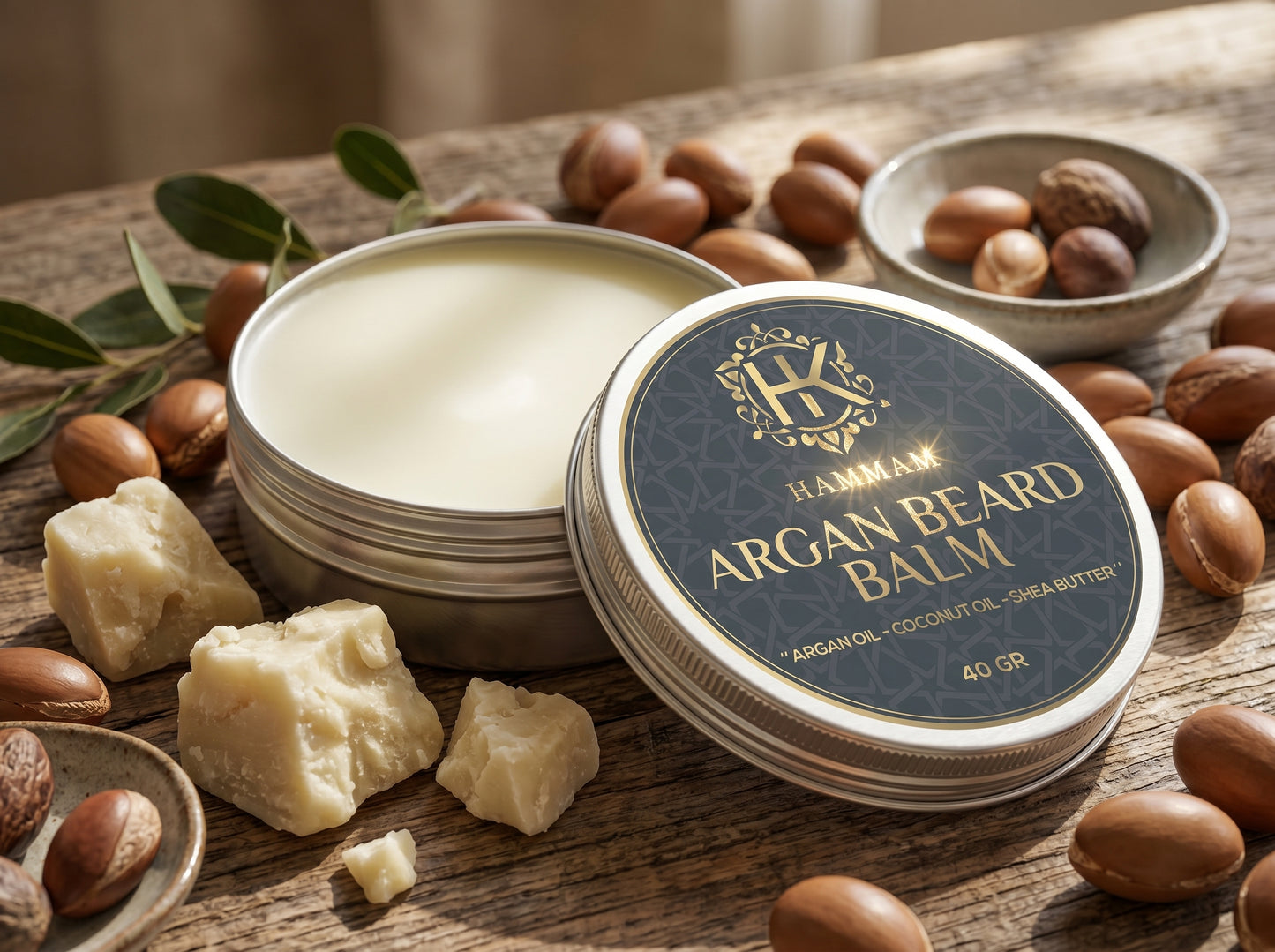 Argan beard balm with ingredients on a wooden surface