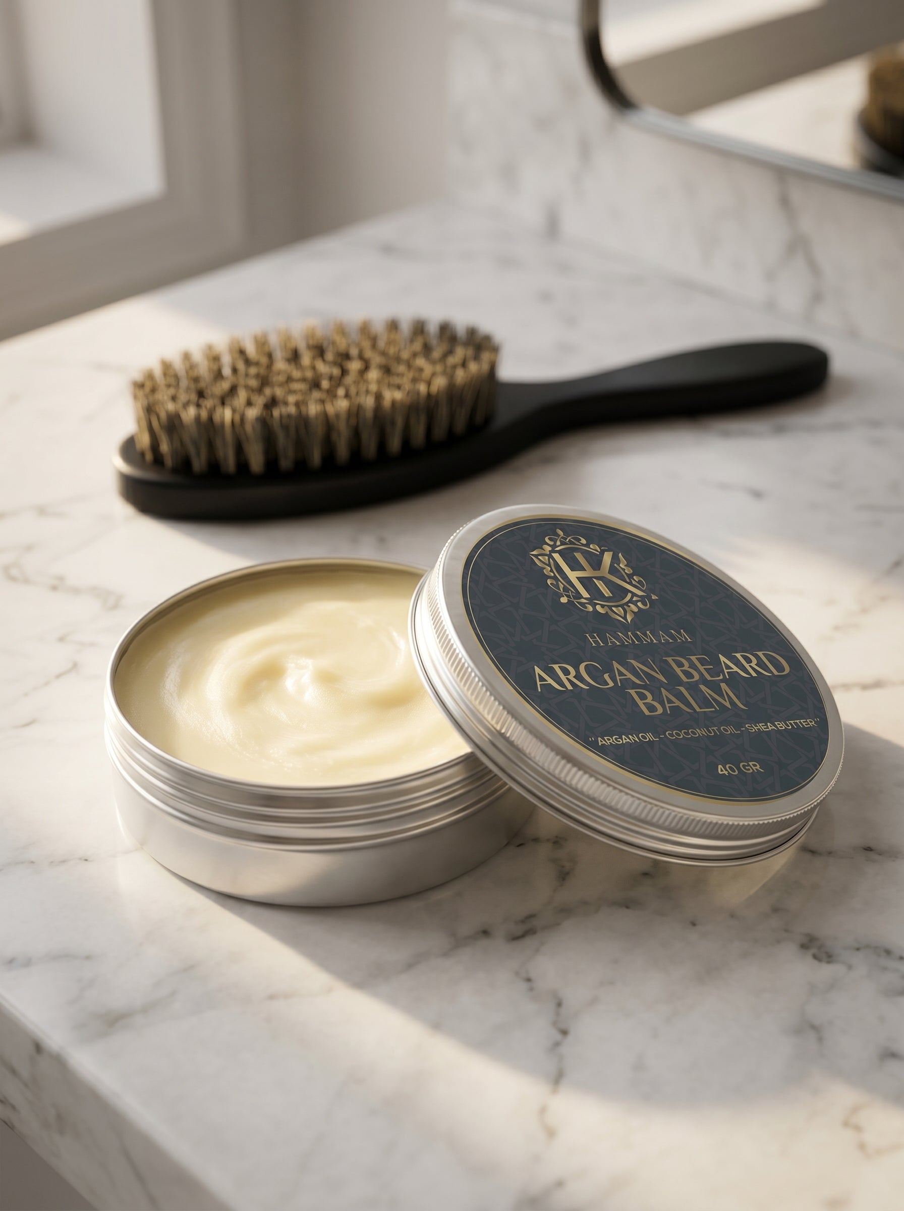 Open tin of Argan Beard Balm with a brush on a marble surface