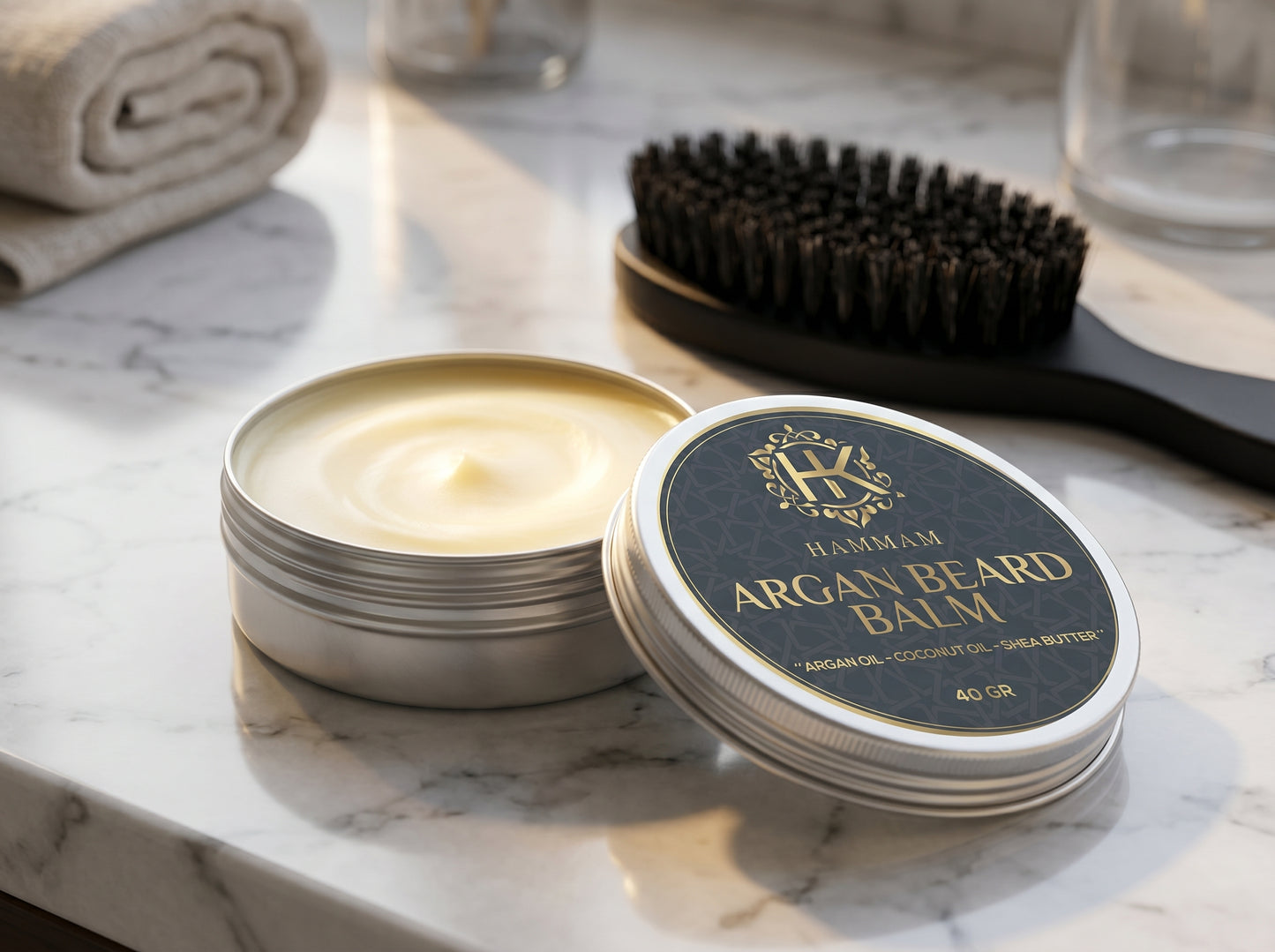 Beard balm container with a brush on a marble surface