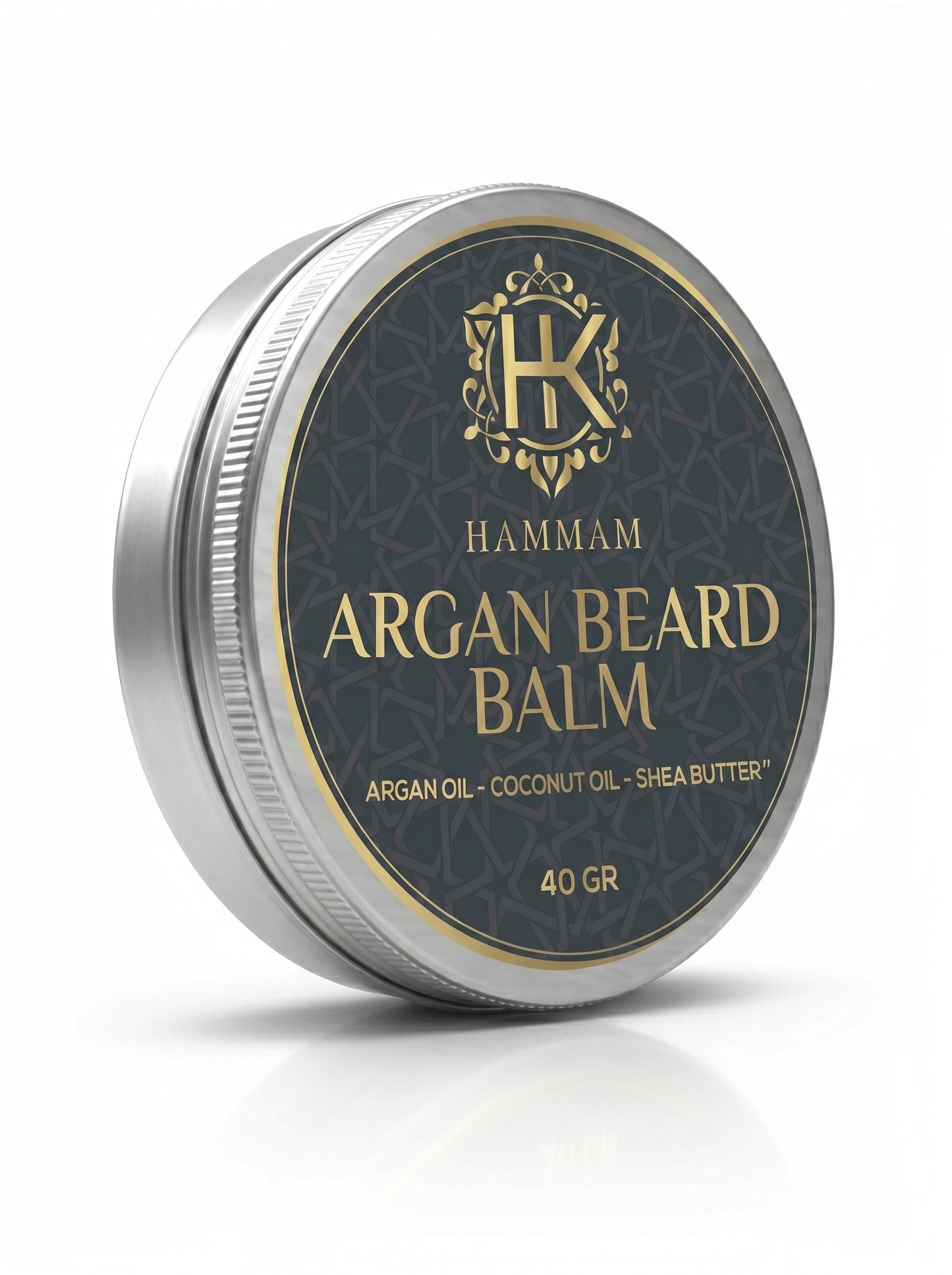 Hammam Argan Beard Balm container with silver lid on a white background