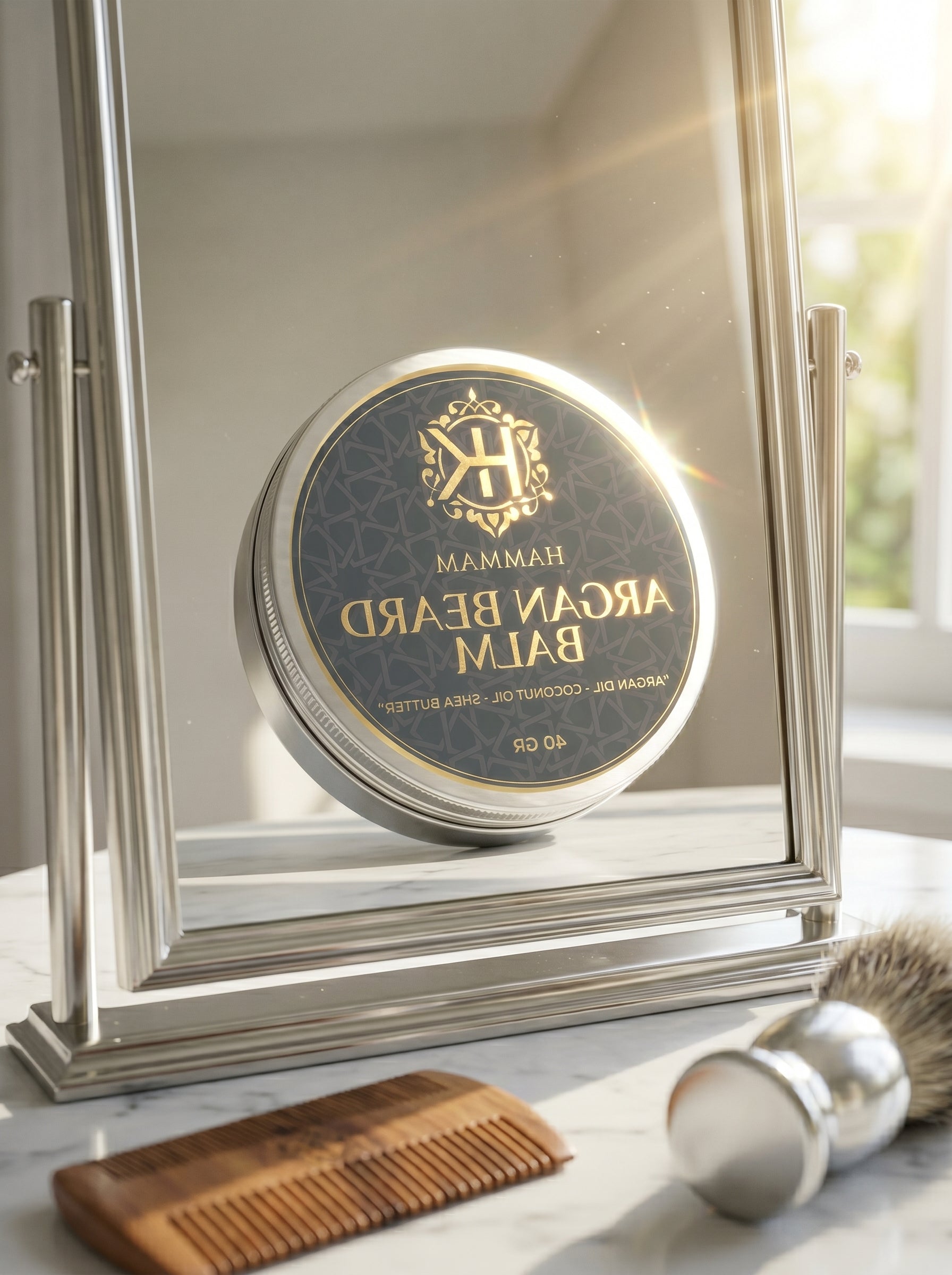 Jar of Arcovan Beard Balm on a stand with grooming tools in the background
