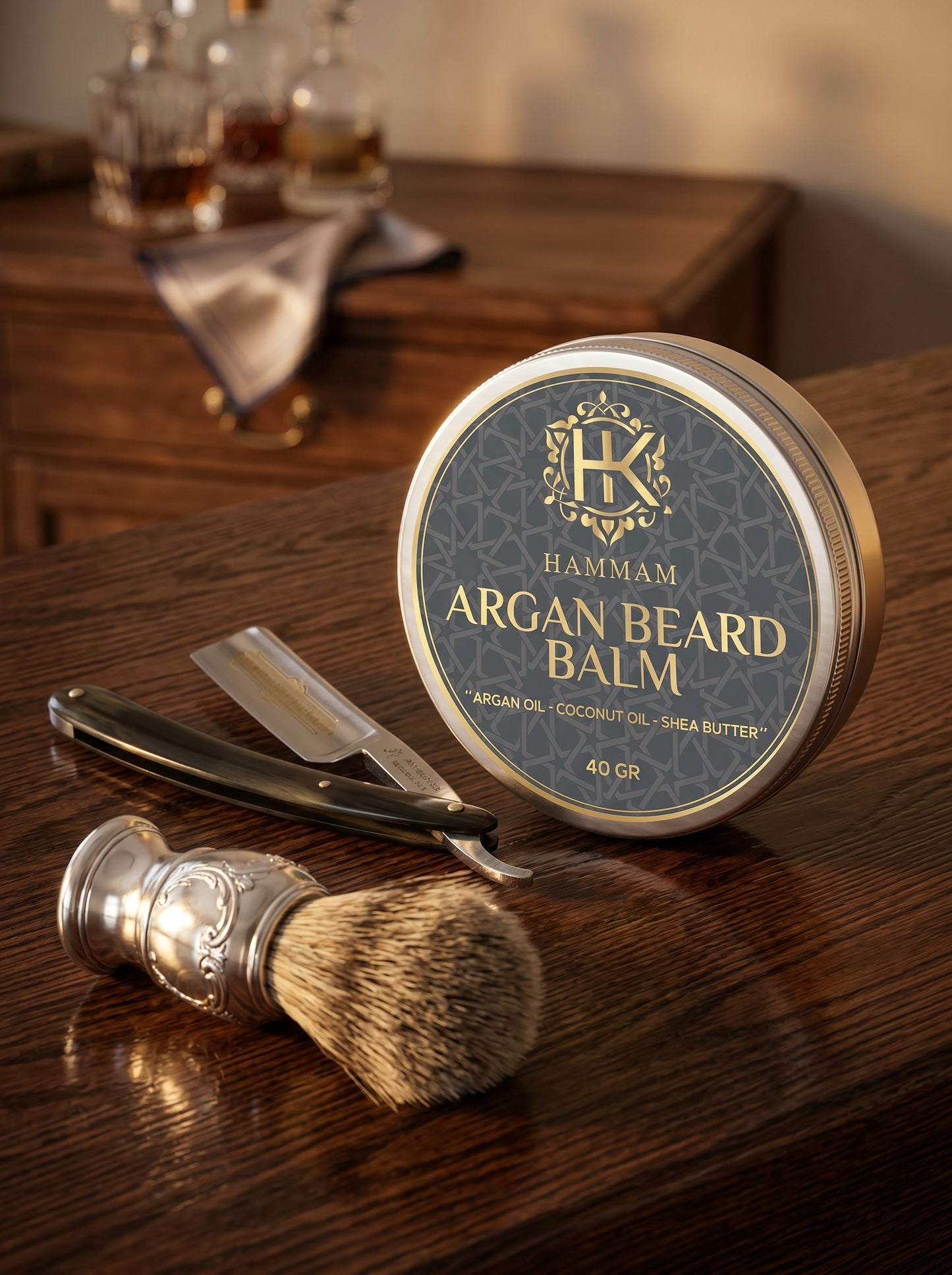 Hammam Argan Beard Balm container with shaving brush and razor on a wooden surface