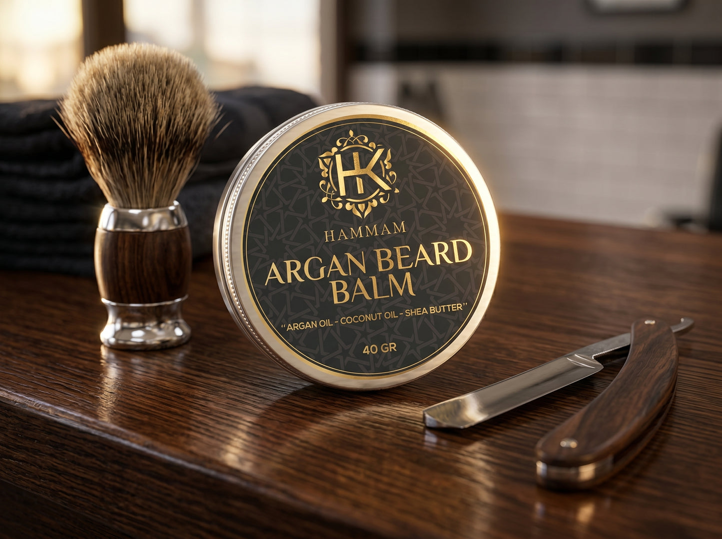 Hammam Argan Beard Balm tin with a brush and knife on a wooden surface