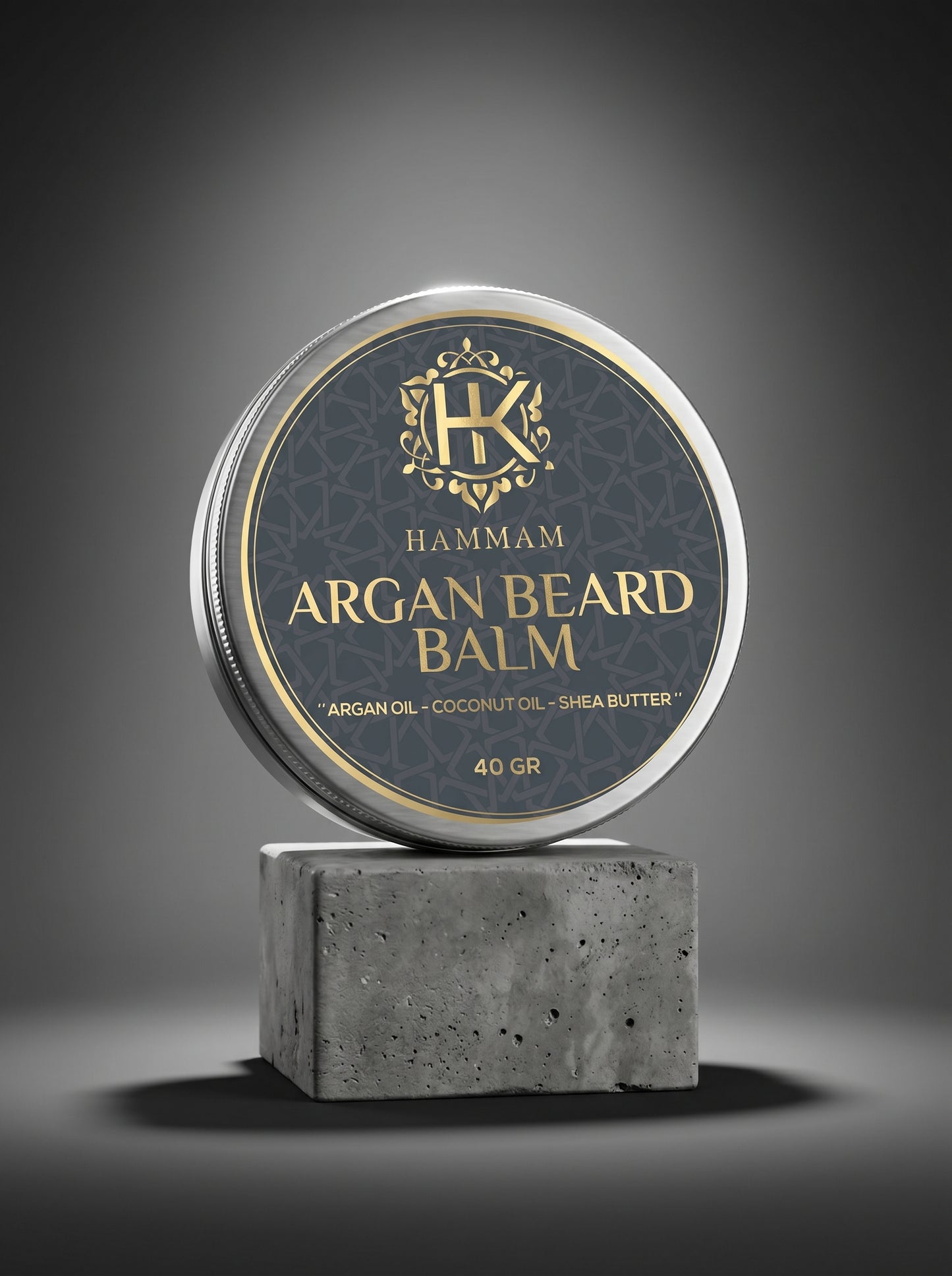 Hammam Argan Beard Balm container on a gray background