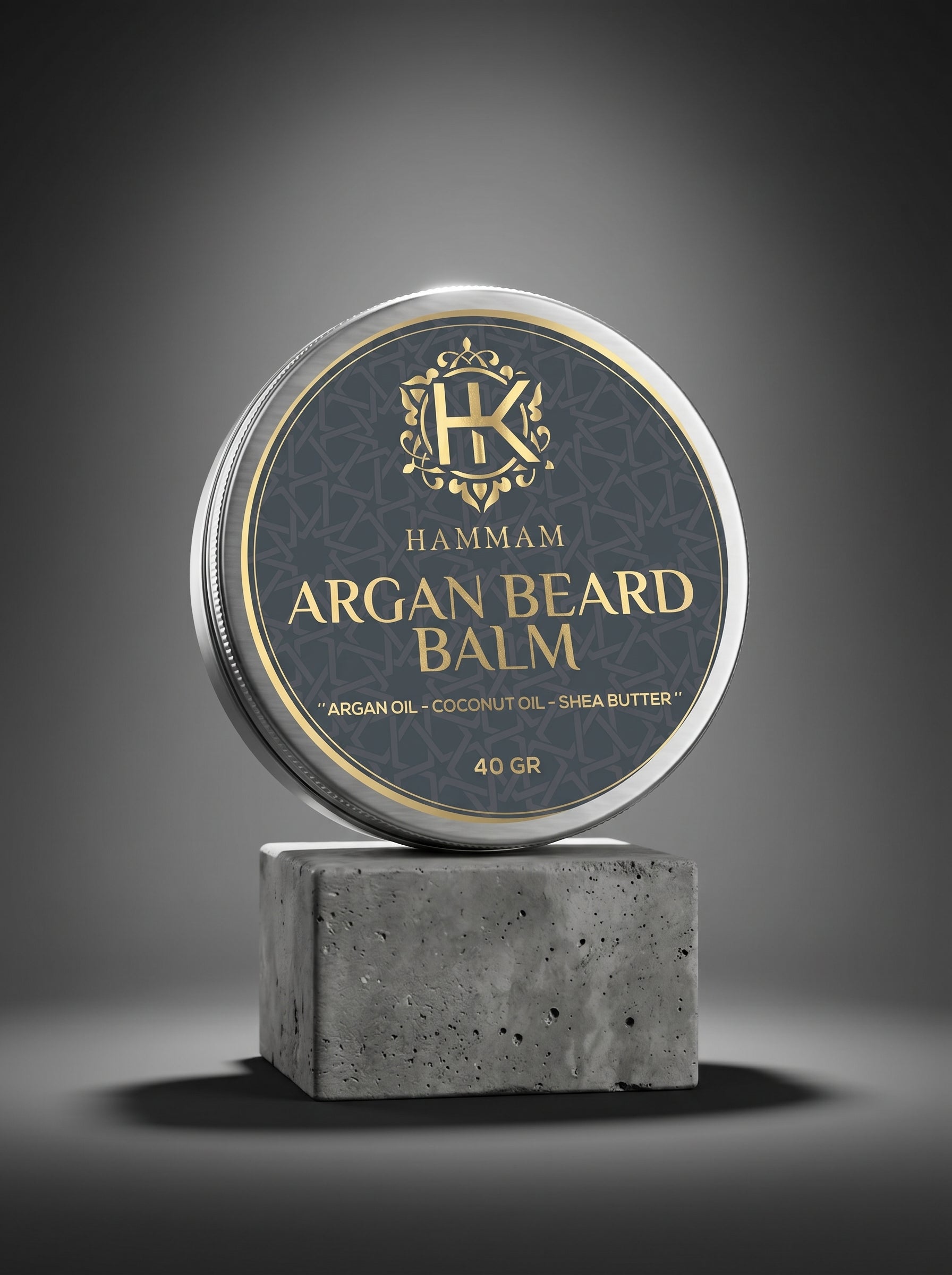 Hammam Argan Beard Balm container on a gray background