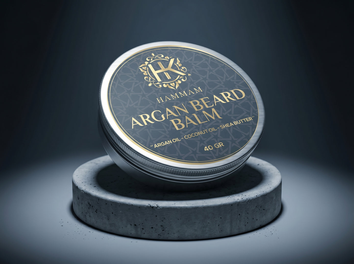 Hammam Argan Beard Balm container on a dark background