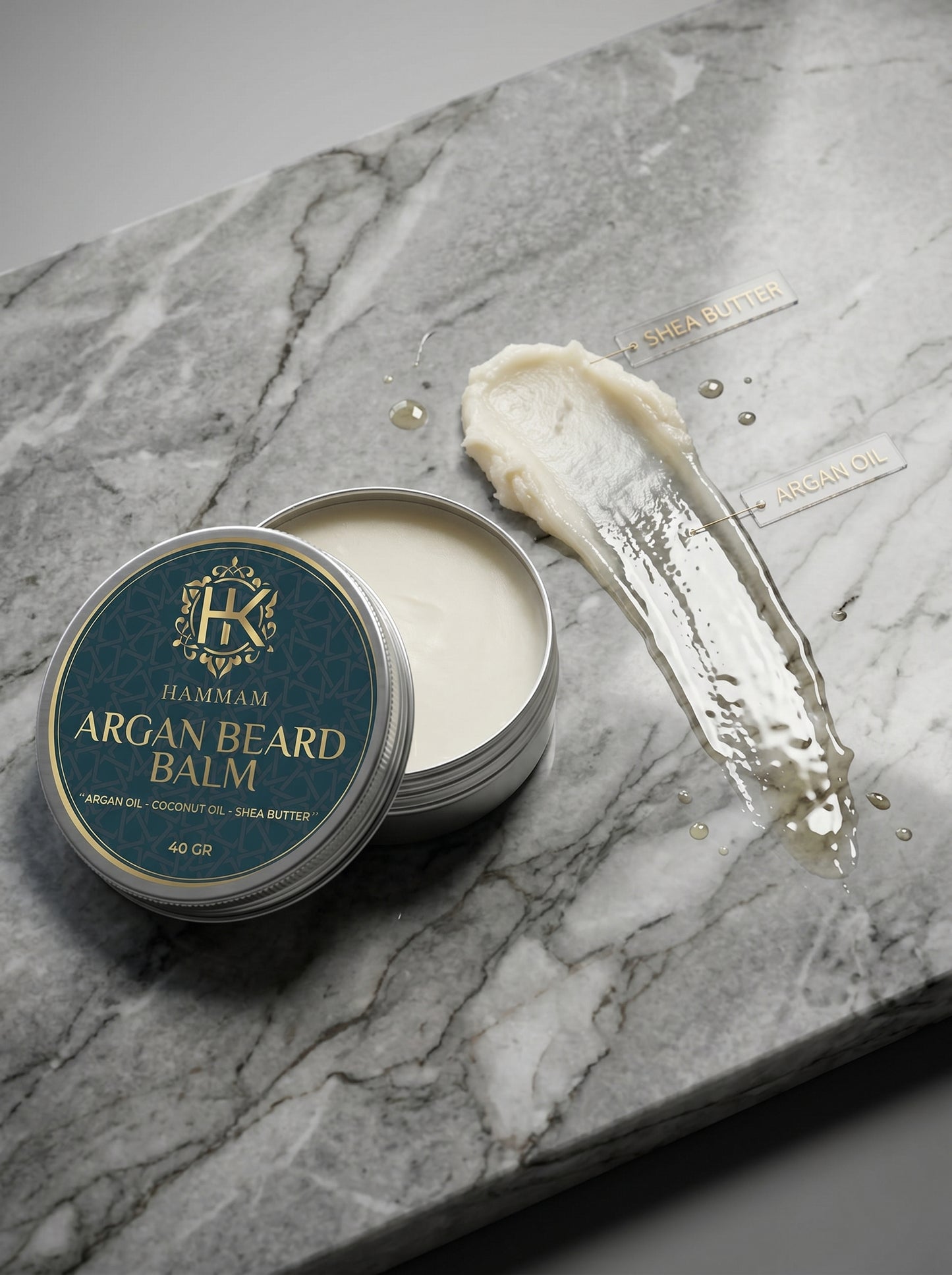 Hammam Argan Beard Balm with a spoonful of balm on a marble surface
