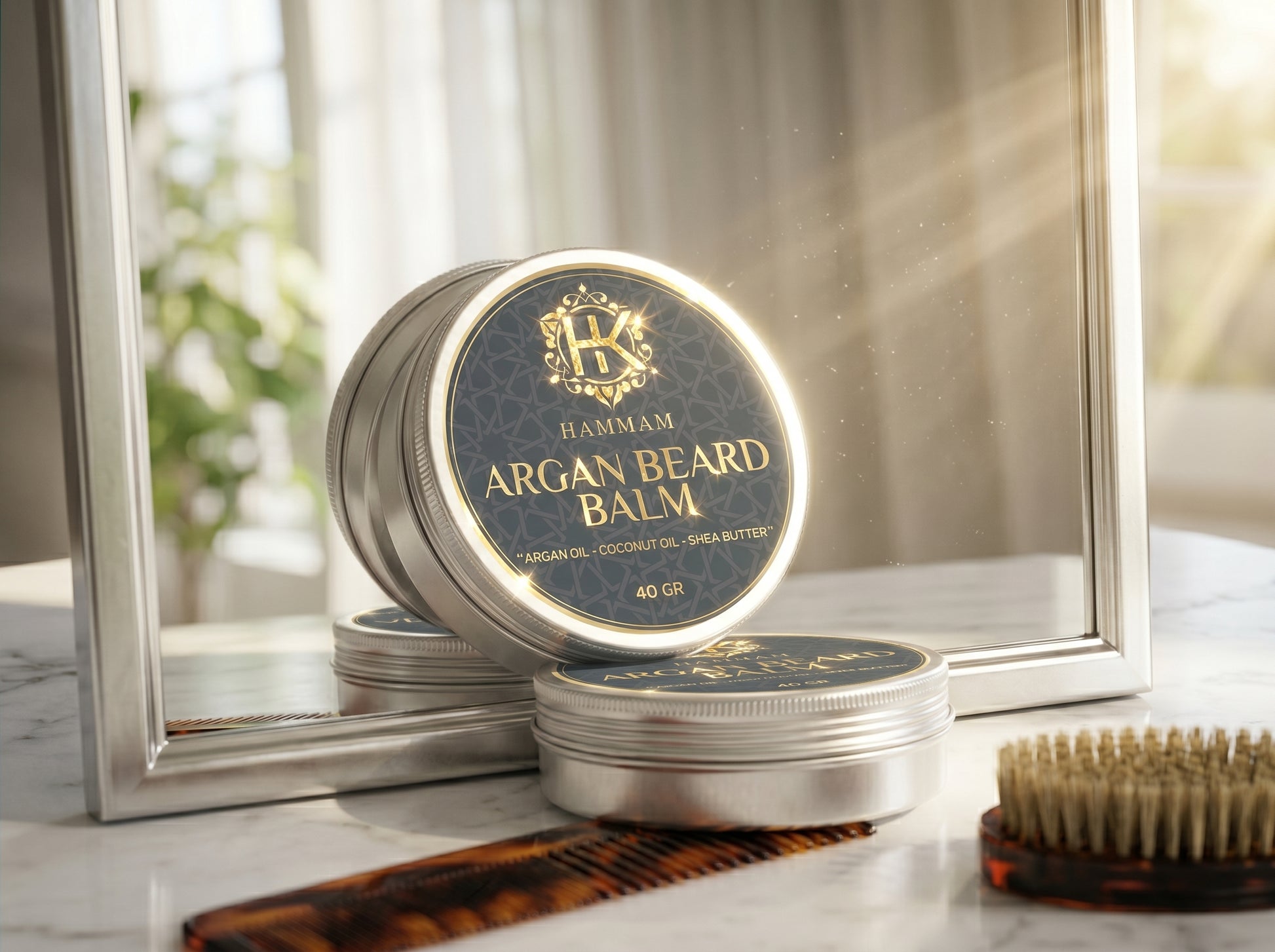 Hammam Argan Beard Balm container with a mirror and brush in the background