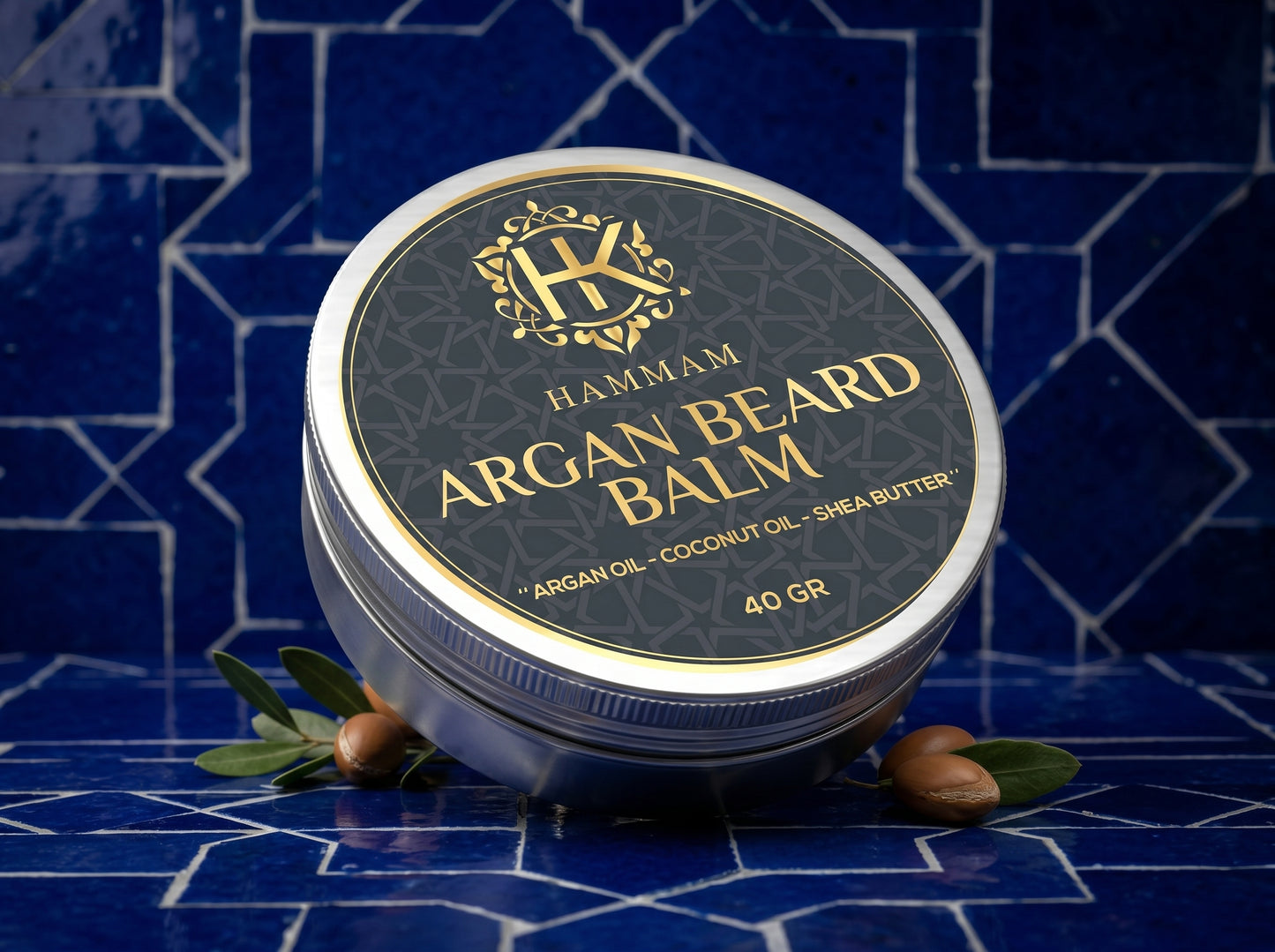 Hammam Argan Beard Balm container on a blue patterned background