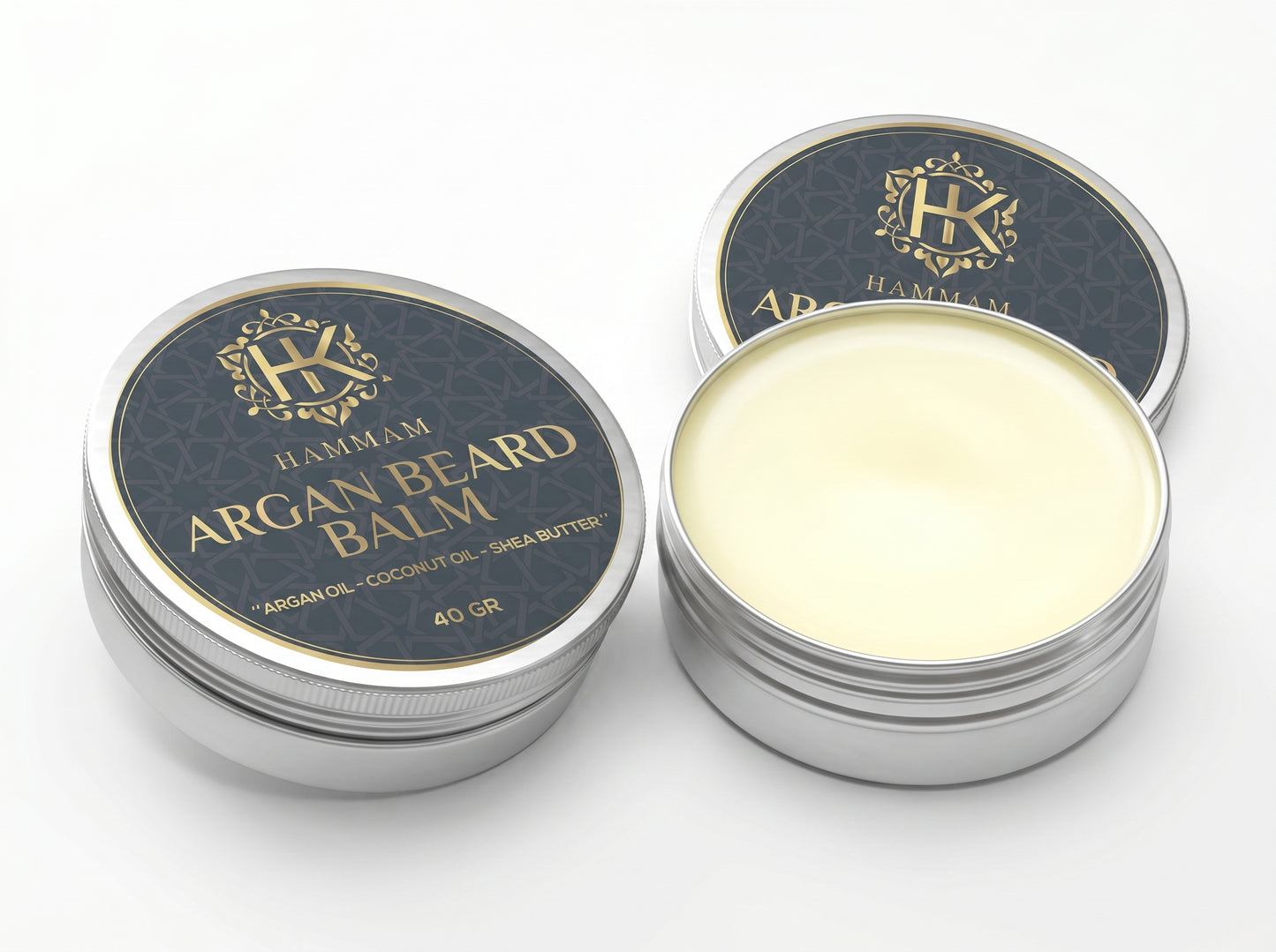 Two tins of Hammam Argan Beard Balm on a white background