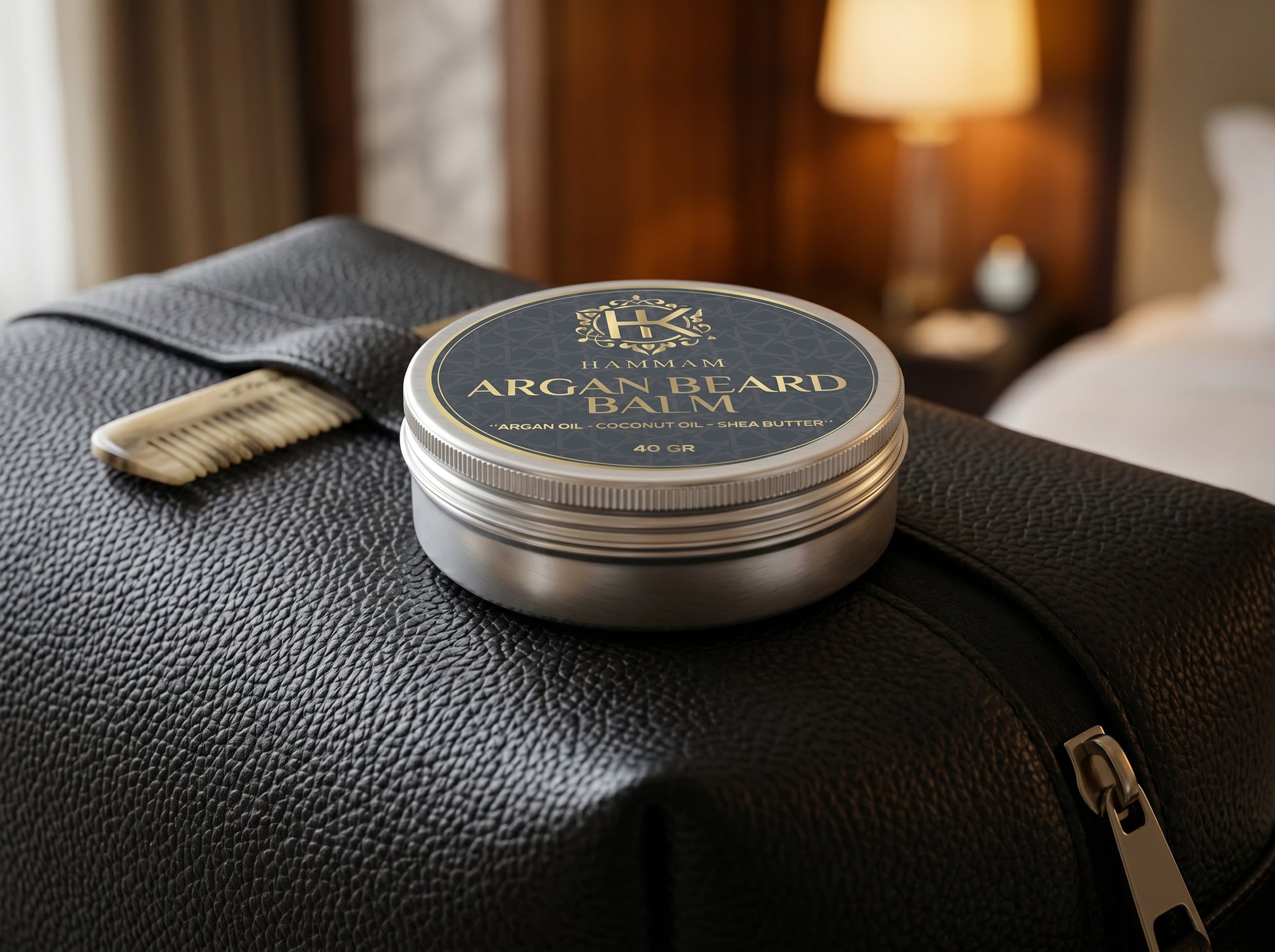 Jar of argan beard balm on a leather surface with a blurred background