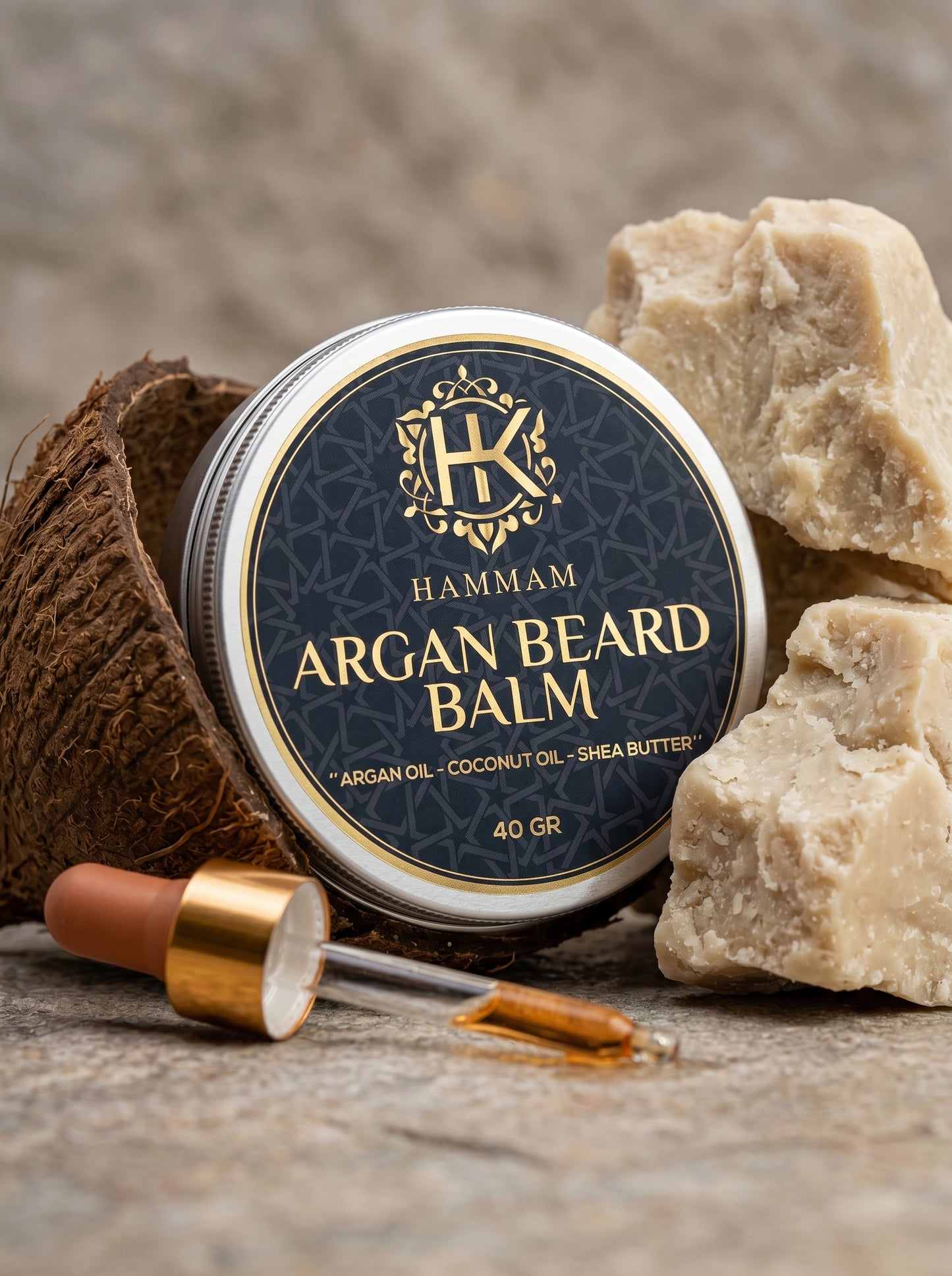 Hamman Argan Beard Balm with coconut and shea butter on a rustic background