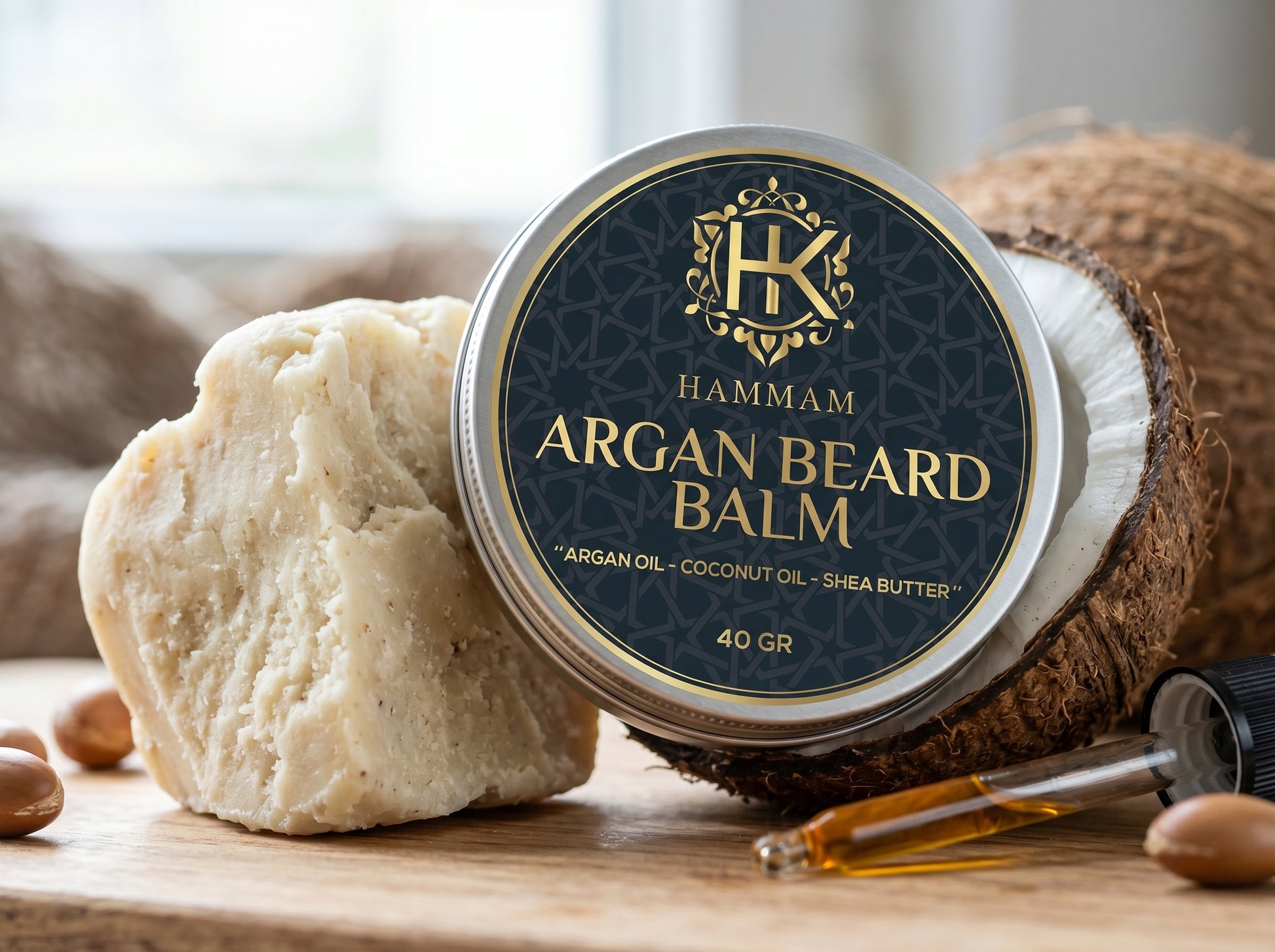 Hammam Argan Beard Balm container with ingredients on a wooden surface