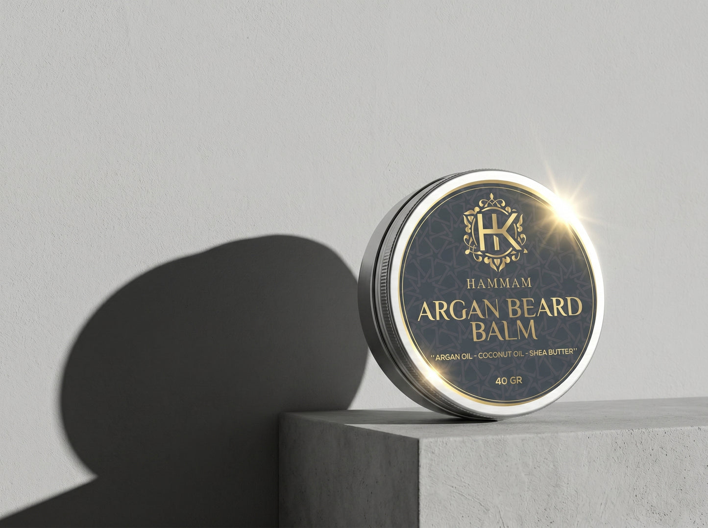 Hammam Argan Beard Balm container on a gray background