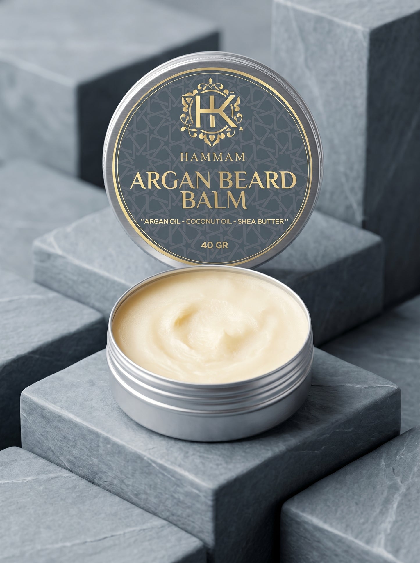 Hammam Argan Beard Balm container on a stone surface