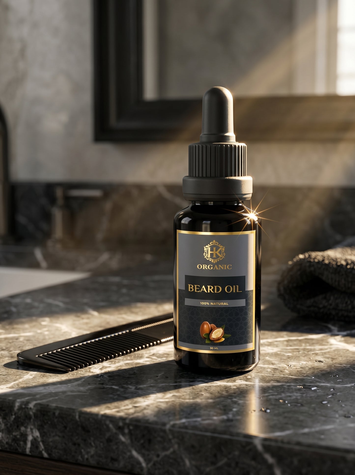 Beard oil bottle with a dropper on a marble surface, with a blurred background